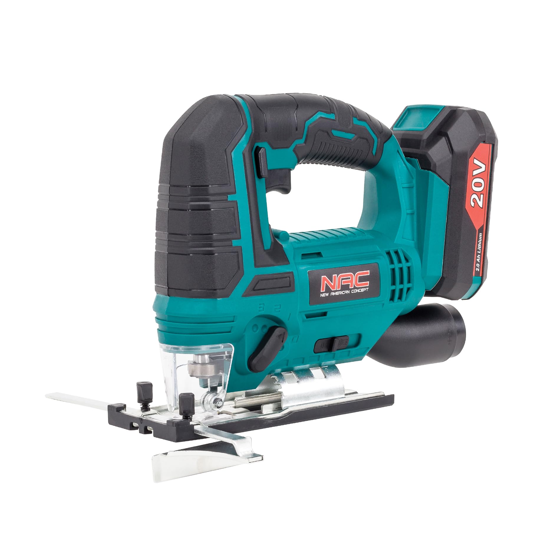 NAC Caladora Batería 20 V, Kit 2 Ah, Corte 80 mm | Sierra de calar, caladoras para madera, 0-2700 rpm, ángulo 0-45°, sistema T, guía lateral