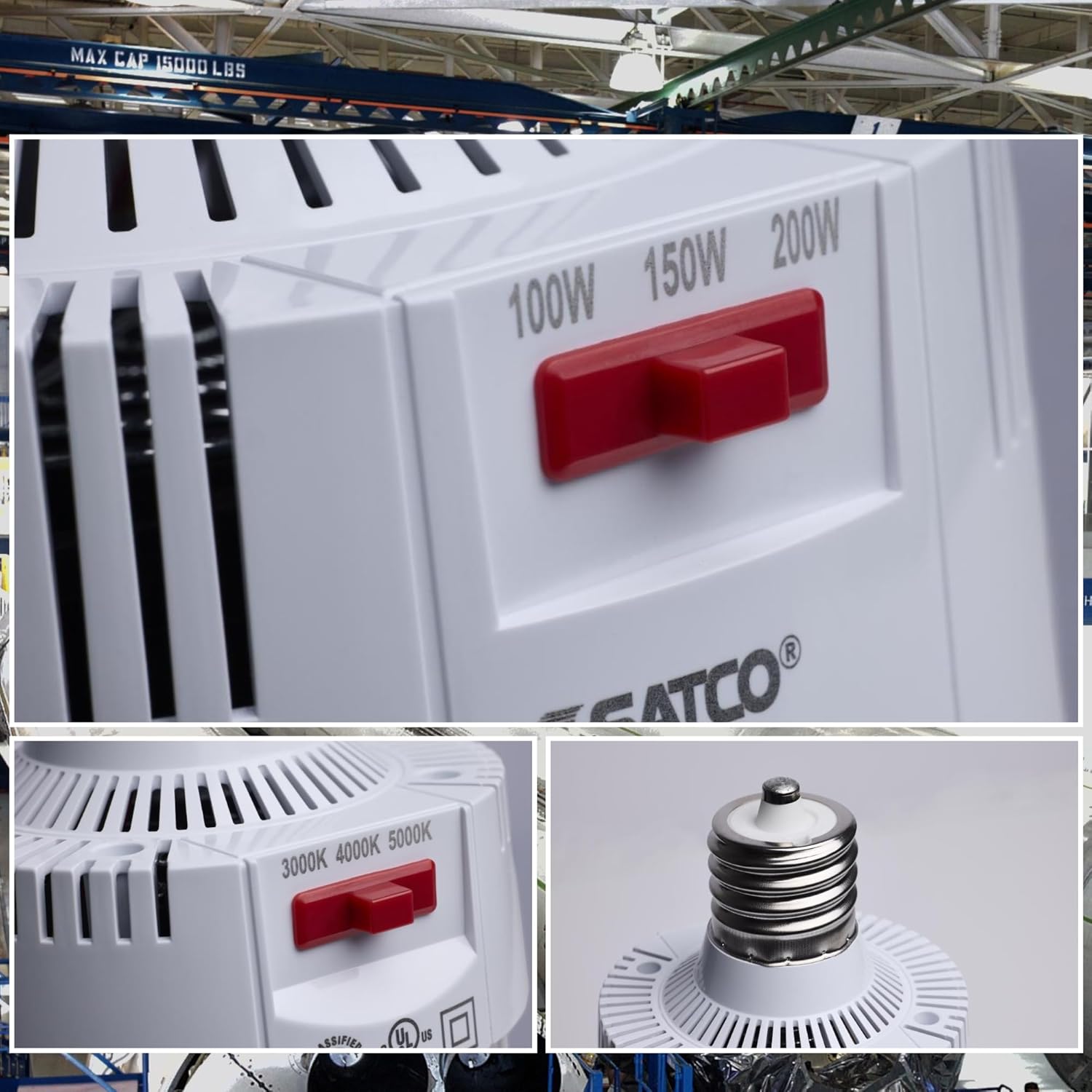 Satco Part S23135 200W/150W/100W LED Corncob Bulb, EX39 Base, 120-277V, 3000K/4000K/5000K CCT Selectable, 500W HID Replacement, Ballast Bypass, Damp Rated, 50,000 Hr, DLC Listed