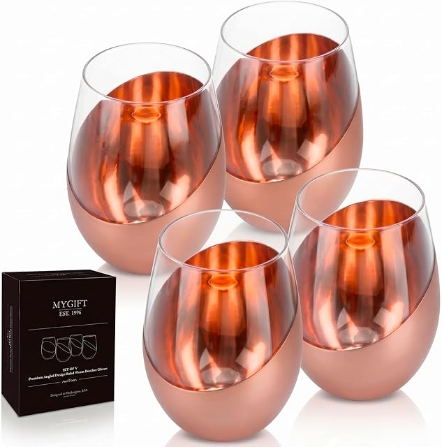 MyGift Stemless Wine Glasses Set of 4 - Copper Accent Modern Barware, Elegant Wedding & Celebration Cups with Luxe Metallic Finish, Dishwasher Safe