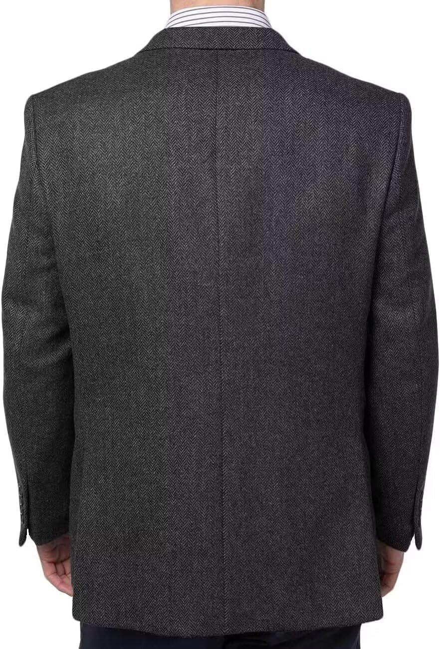 Mens Herringbone Blazer Black British Wool Blend Suit Jacket 2 Button Casual Sport Coat Wedding Groomsmen Prom Jackets L