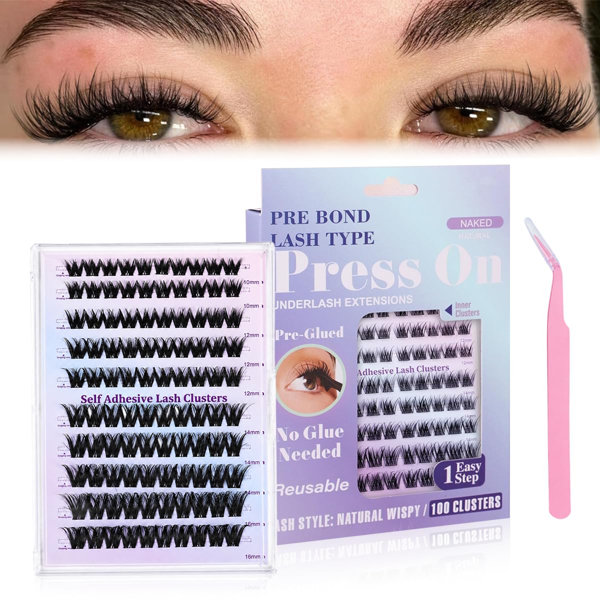MAYCREATE® 100Pcs Self Adhesive Eyelashes Pre Glued Volume Cluster Lash Kit | Self Adhesive Cluster Eyelashes Kit, D Curl Invisible Band Synthetic Fibre Lashes for Women-picture-23