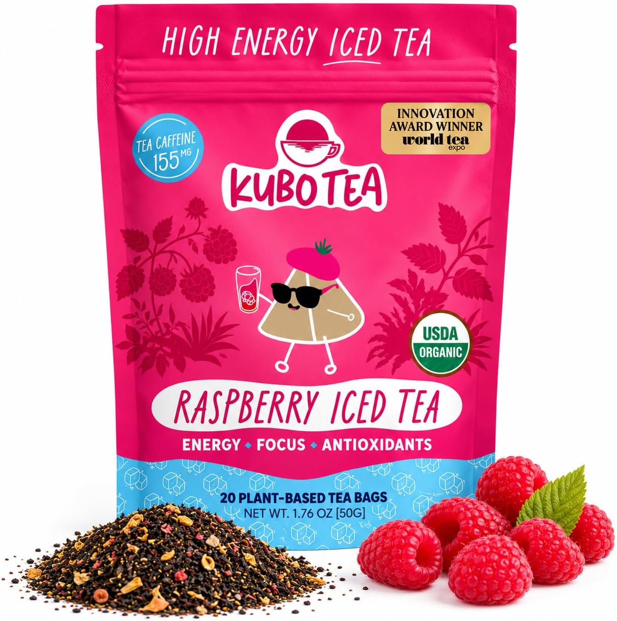 Kubo Raspberry Iced Tea, Organic High Caffeine Energy Tea Bags - 20 Ct