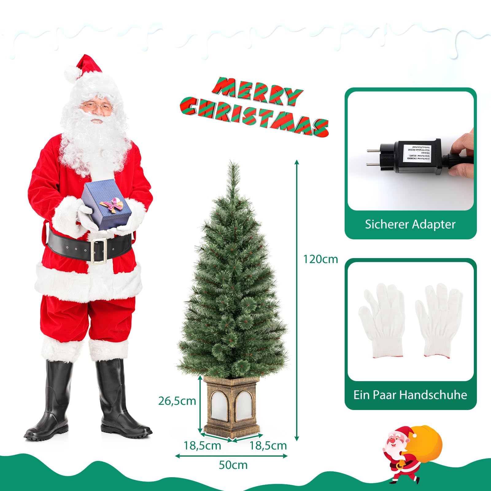 COSTWAY 120 cm künstlicher Weihnachtsbaum mit Beleuchtung, Tannenbaum im Topf, mit warmweißen LED-Lichtern & Timer & 116 PVC Zweigspitzen, Topfbaum für Eingang Haus Büro, Grün