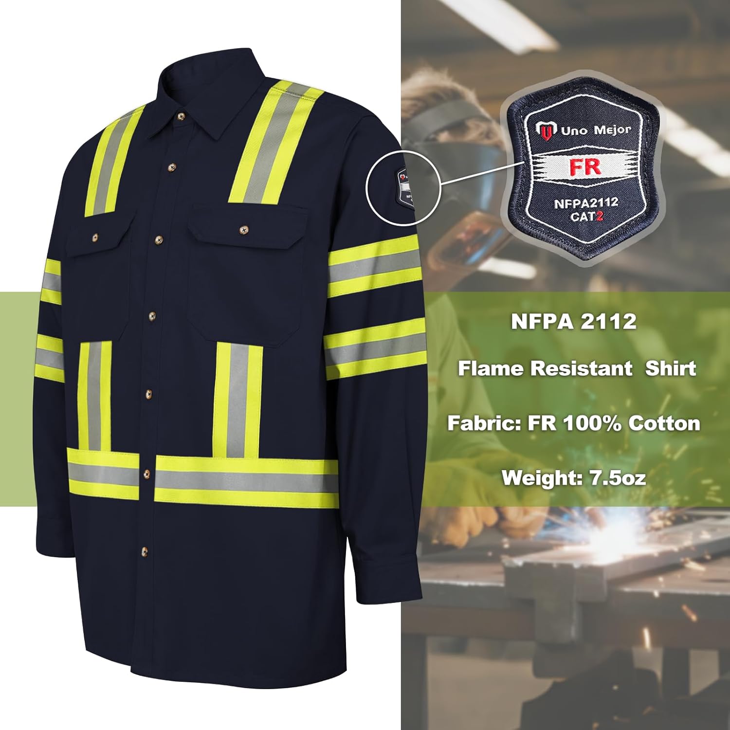 FR Shirts for Men 7.5oz Welding Shirt, 100% C High Visibility Flame Resistant Welding Jacket, Men's Fire Retardant FR Clothing for Men, Durable Welding Gear, Meet NFPA2112, Navy-ZRWD XL - Image 3