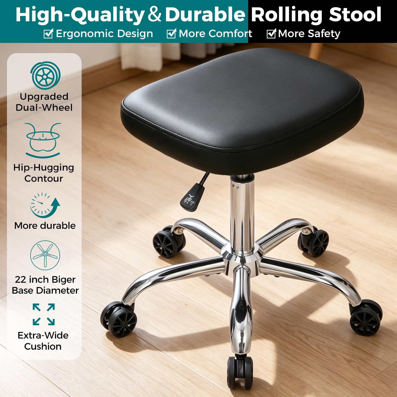 Black Rolling Stool with Wheels, 450 lb Heavy-Duty Adjustable Swivel Stool