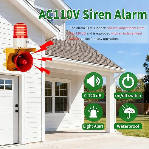 Vista 10 de AC110V - Luz estroboscópica de sirena industrial de 120 dB, bocina fuerte y luz de advertencia de baliza roja, alarma de seguridad impermeable