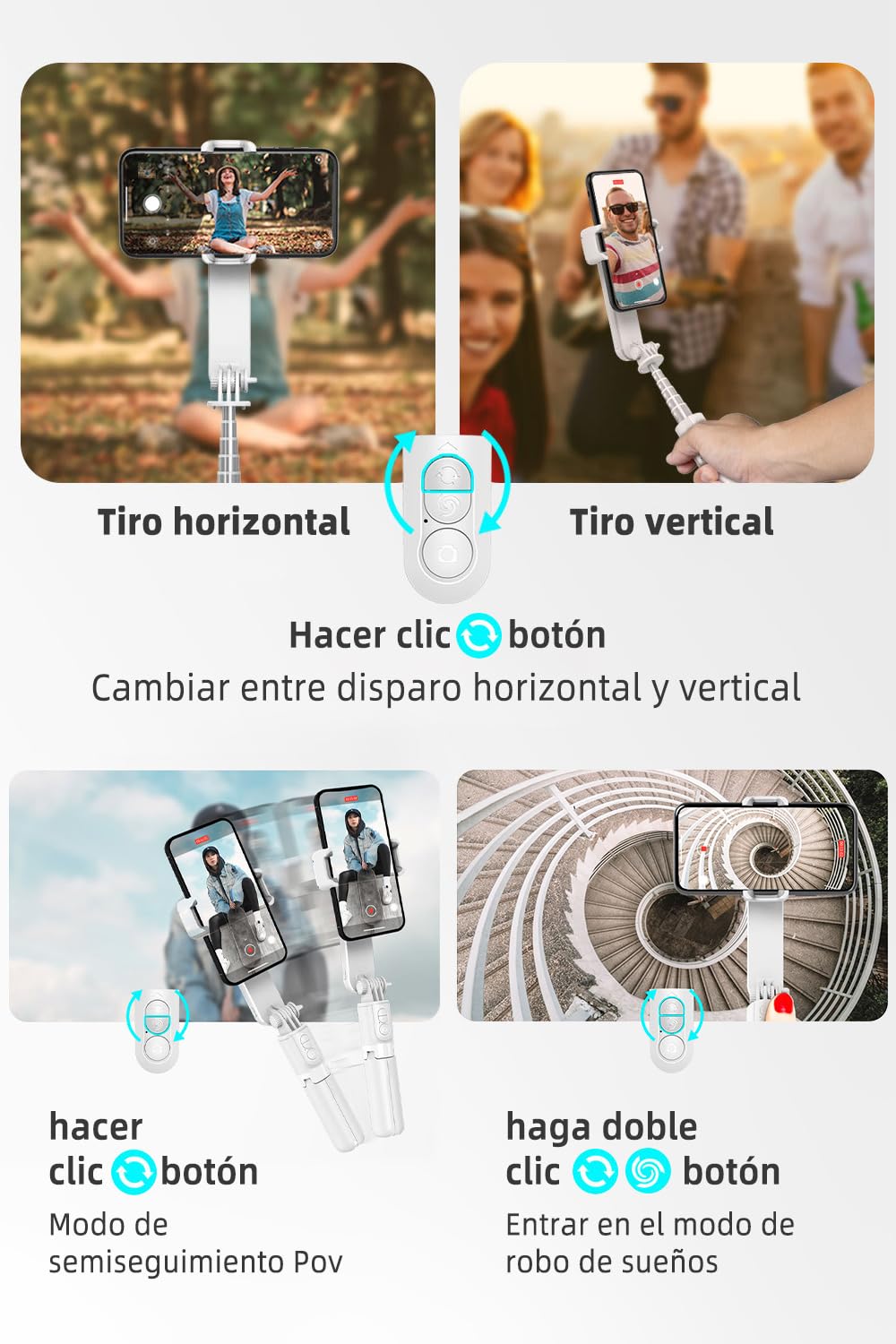 Estabilizador de Movil, Estabilizador de Cardán con Luz de Relleno para Video de Vlog/Youtube/TikTok con Inalámbrico rotación automática de 360°,para Android y iOS