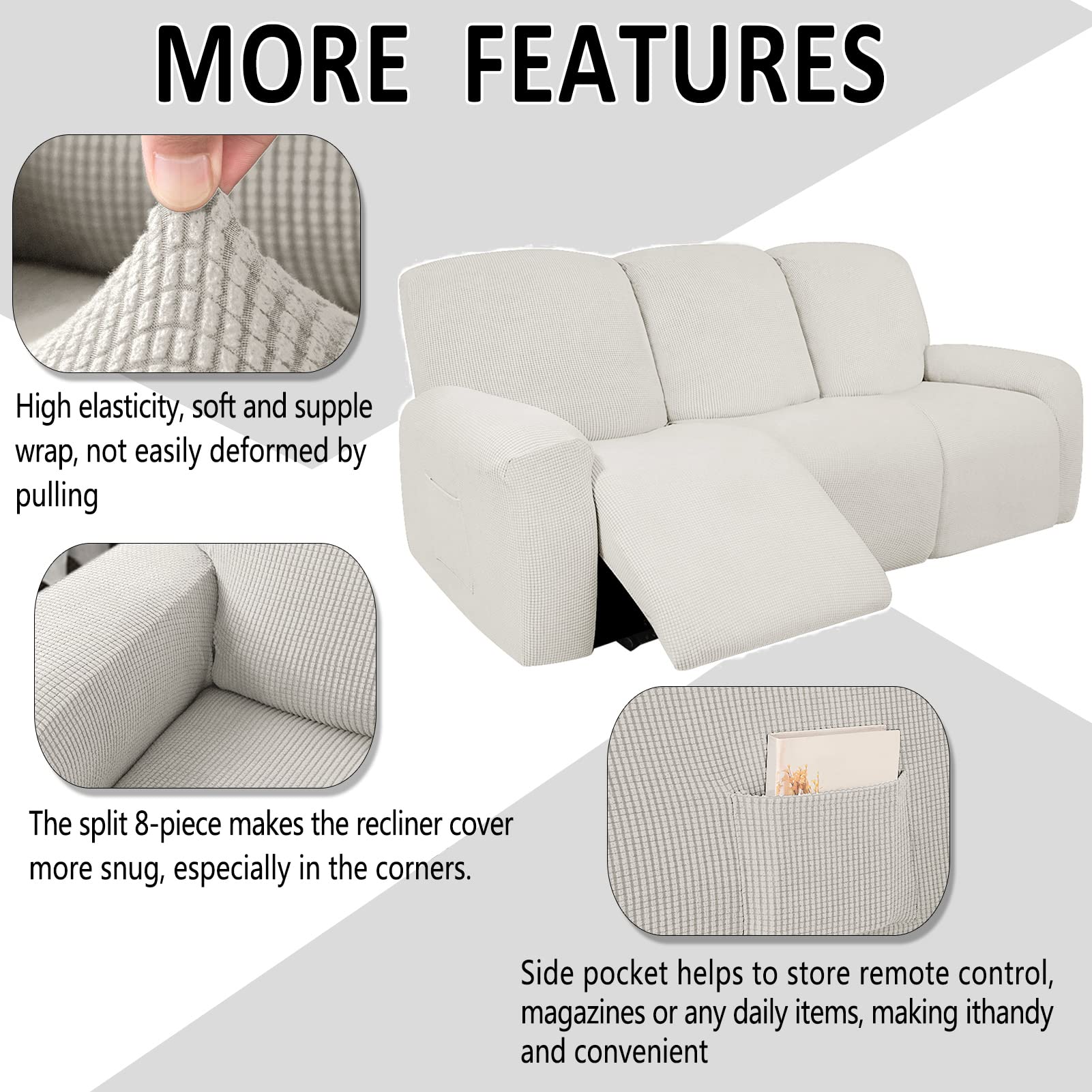 Funda de Sillón Reclinable Relax 1 2 3 Plazas Elástica Jacquard Suave Funda de Sofá con Bolsillos Laterales Protector de Muebles Cubre Sofá Antideslizante (Marfil,3 plazas)