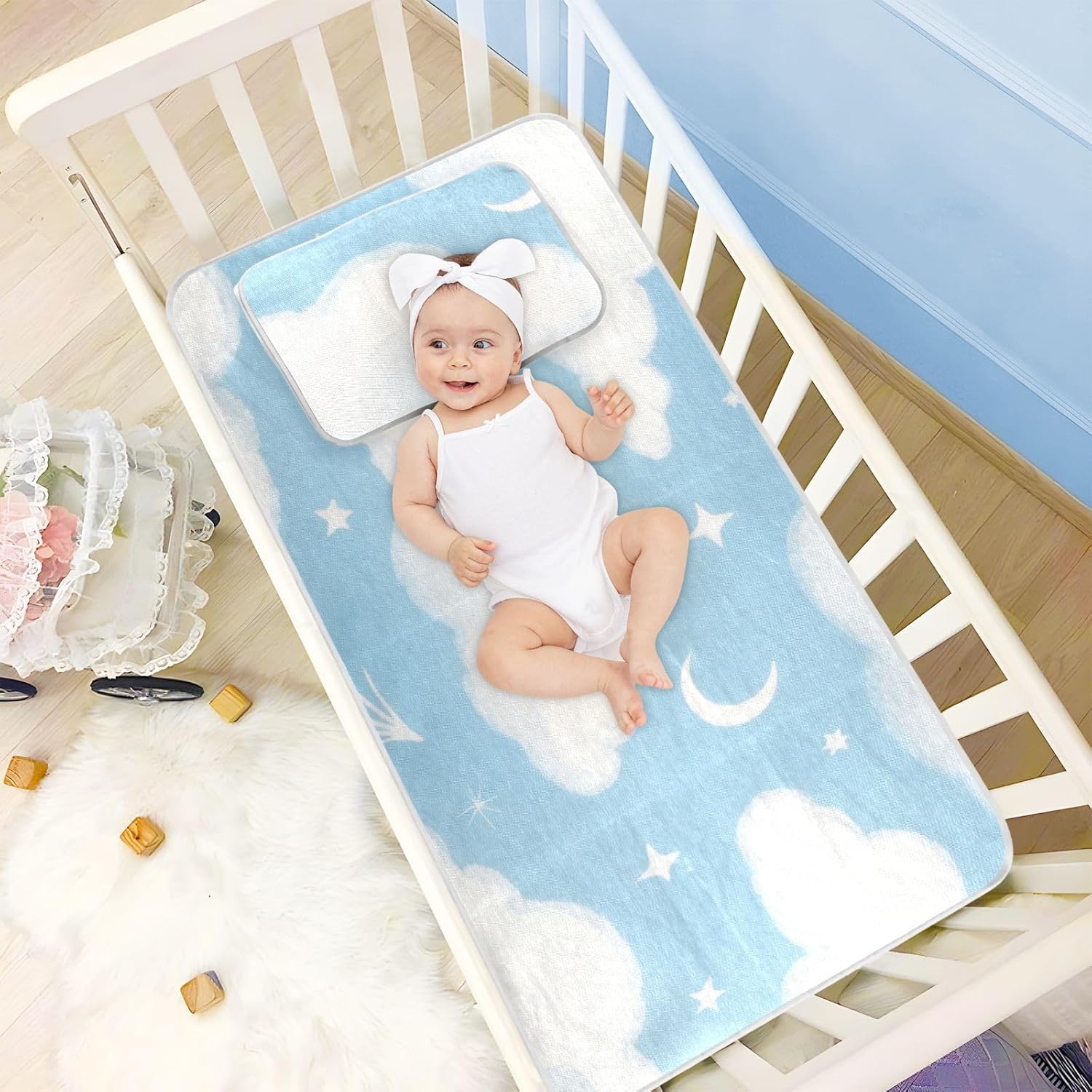 Blue and White Moon Clouds Cooling Baby Mattress Cover 28" x 52" Washable Crib Padding for Sides for Baby&Toddler