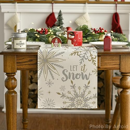 Miniatura 7 de Artoid Mode Camino de mesa de invierno con copos de nieve beige Let It Snow, decoración de mesa de comedor de cocina de Navidad para decoración de
