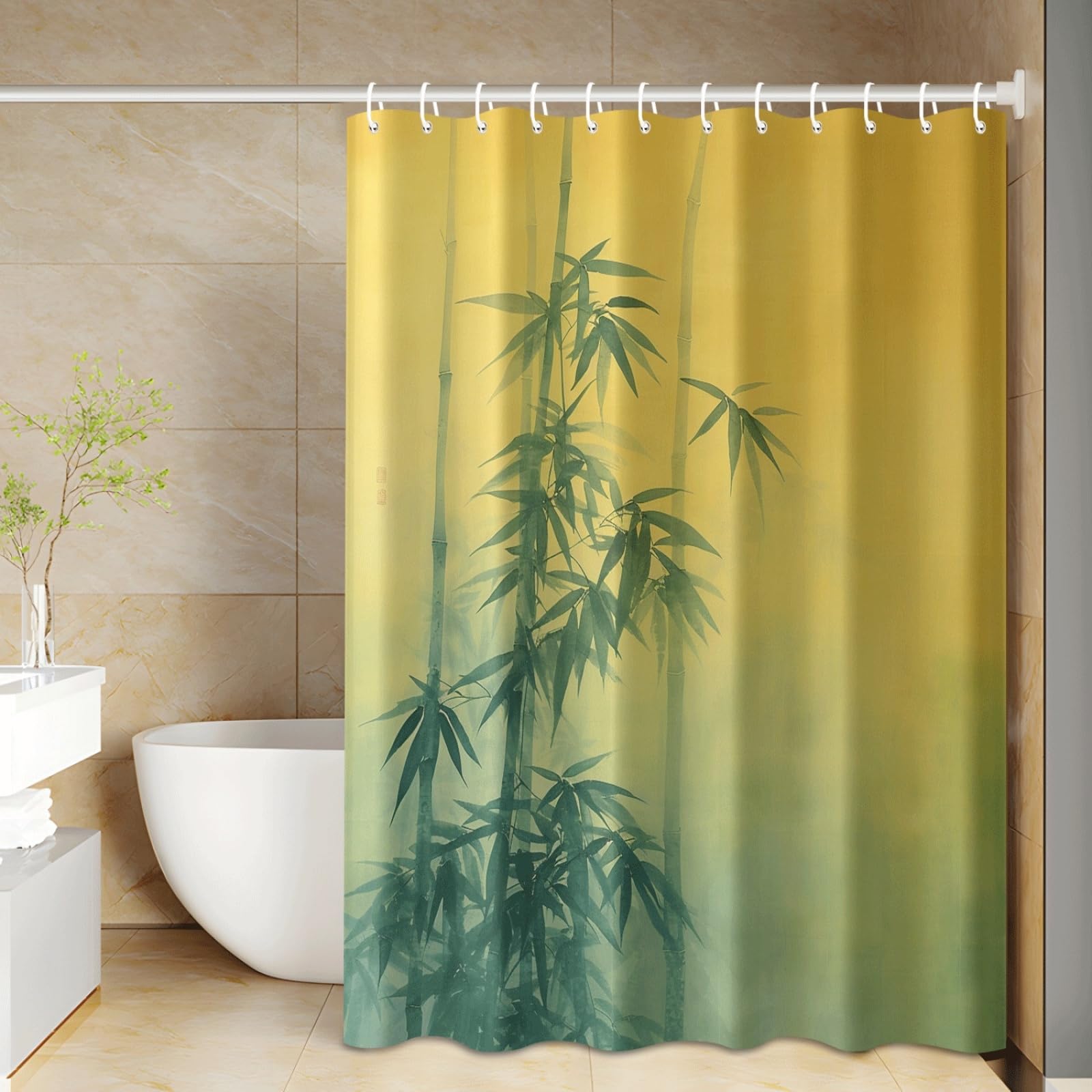 Tenda Doccia Bamboo Giallo Tenda Doccia Antimuffa Impermeabile Poliestere Lavabile con 12 Ganci Facile da Installare Tende Finestra Bagno per Dormitorio Hotel (180x220cm)