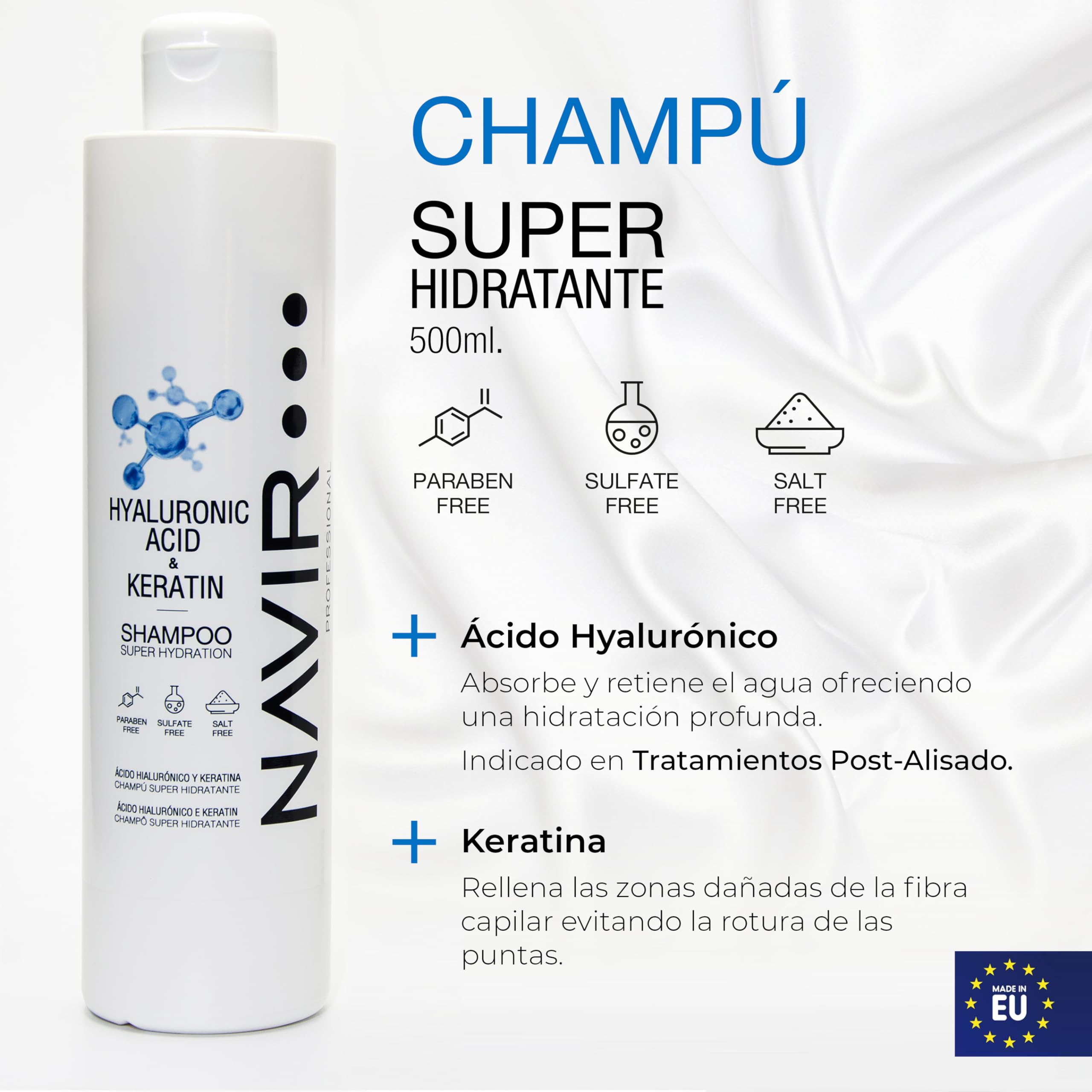 NAVIR Profesional | Pack champú sin sulfatos ni parabenos con Ácido Hialurónico y Keratina, mascarilla y acondicionador – Tratamiento post alisado orgánico hidratante para cabello - 500ml+200ml+200ml