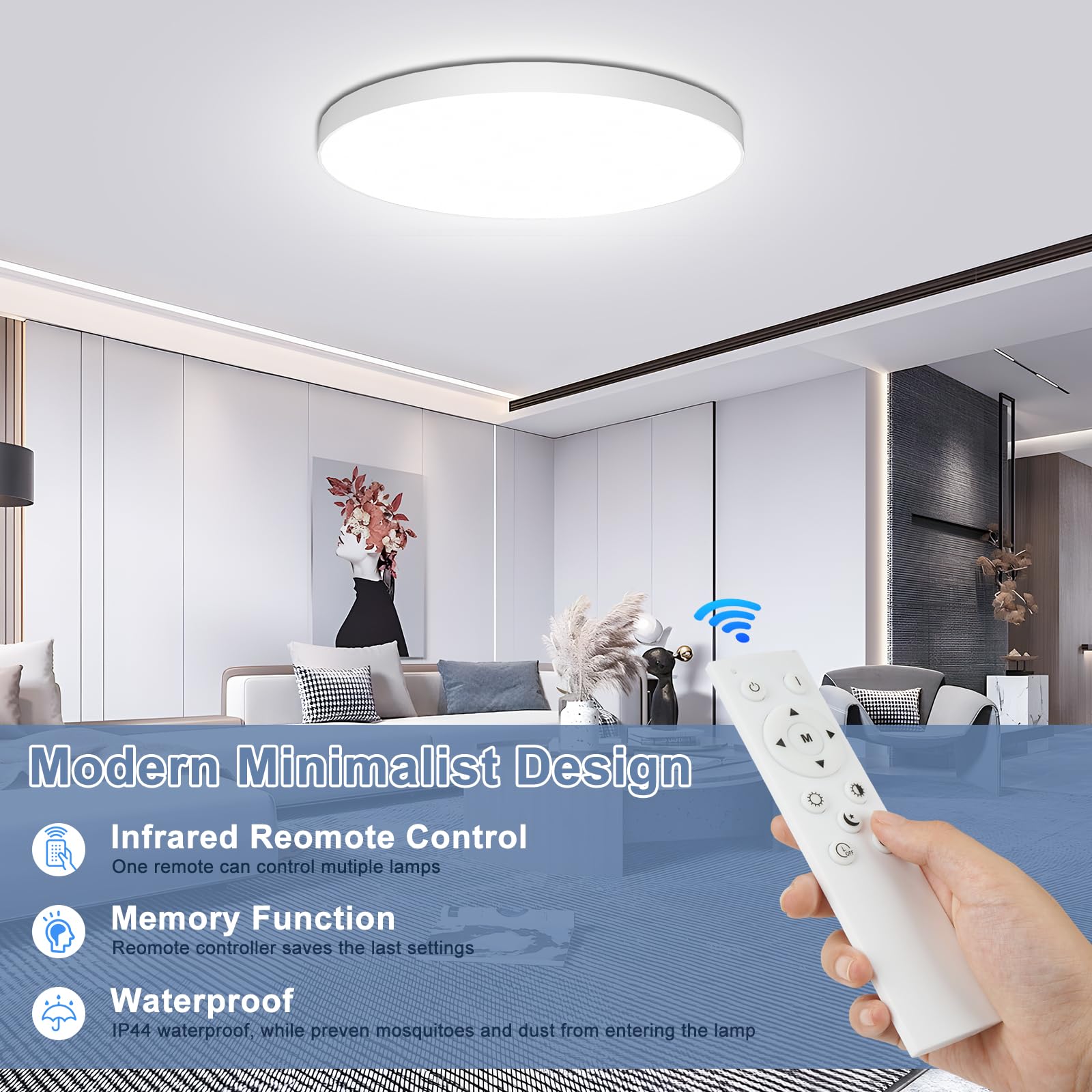 OUILA Plafoniera LED Soffitto Dimmerabile [2 Pezzi], 24W Lampada con Telecomando 3000K-6500K Plafoniera Bagno IP44 Impermeabile Ø28CM 2000LM Lampadario LED per Cameretta, Cucina, Soggiorno