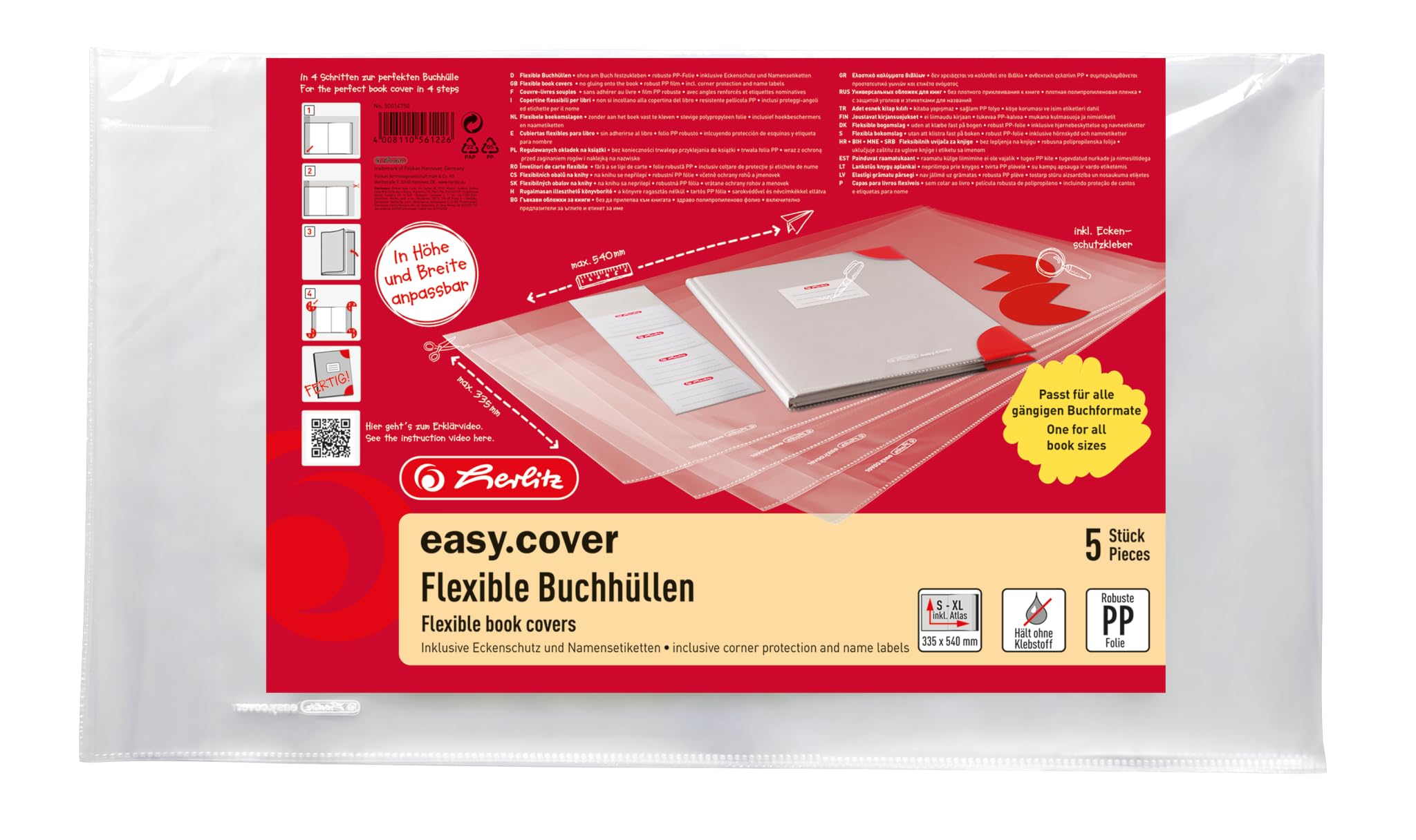 Herlitz 50014750 Buchumschlag für Schulbücher easy cover, Buchhülle transparent, für alle gängigen Buchformate, 30 Stück