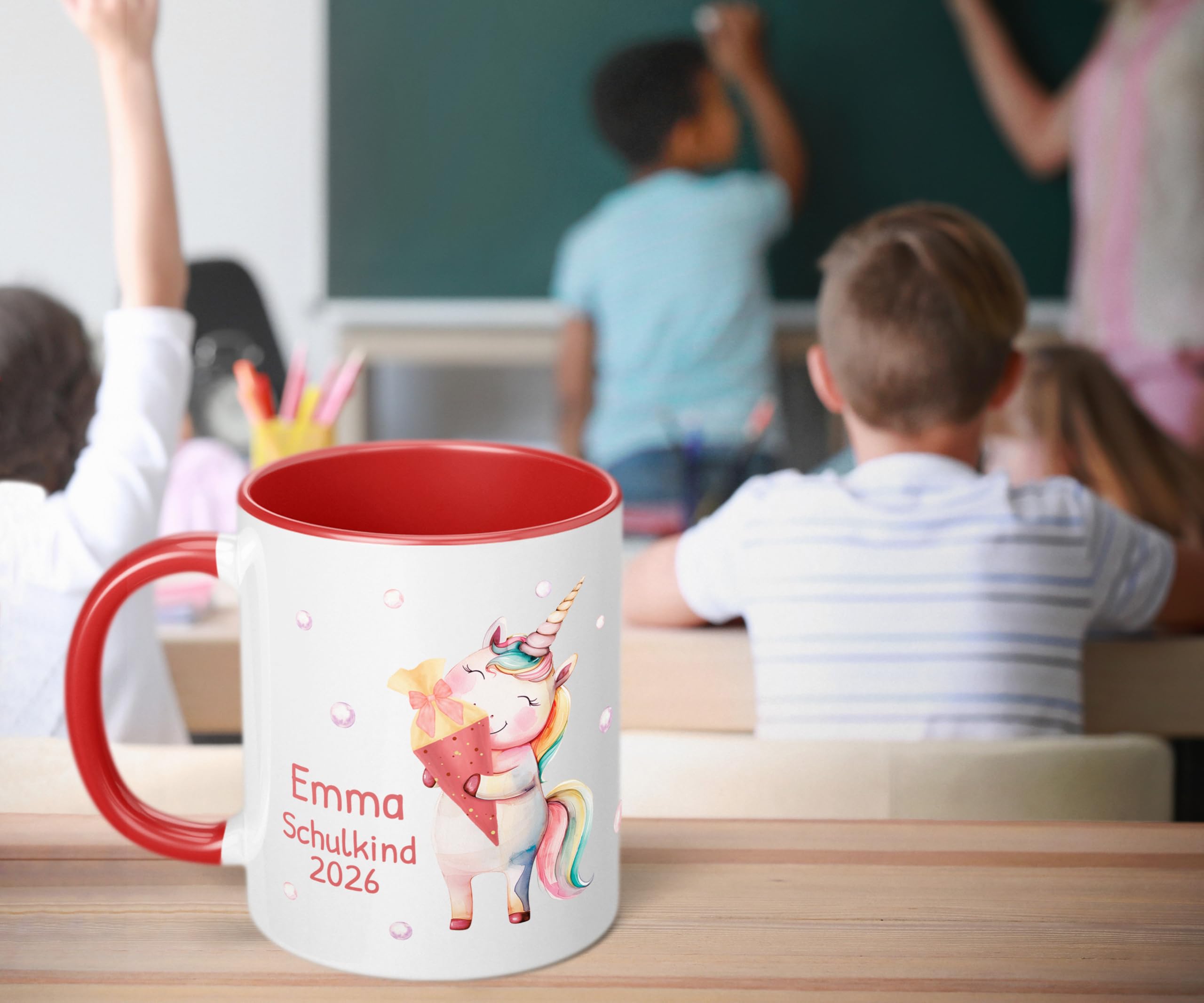 Geschenk zum Schulanfang für Mädchen: Tasse „Schulkind 2026“ - Motiv: EINHORN Schultüte - personalisiert mit Namen - Einschulung Schulanfänger 1. Klasse, Keramik, ca. 330ml, Rot