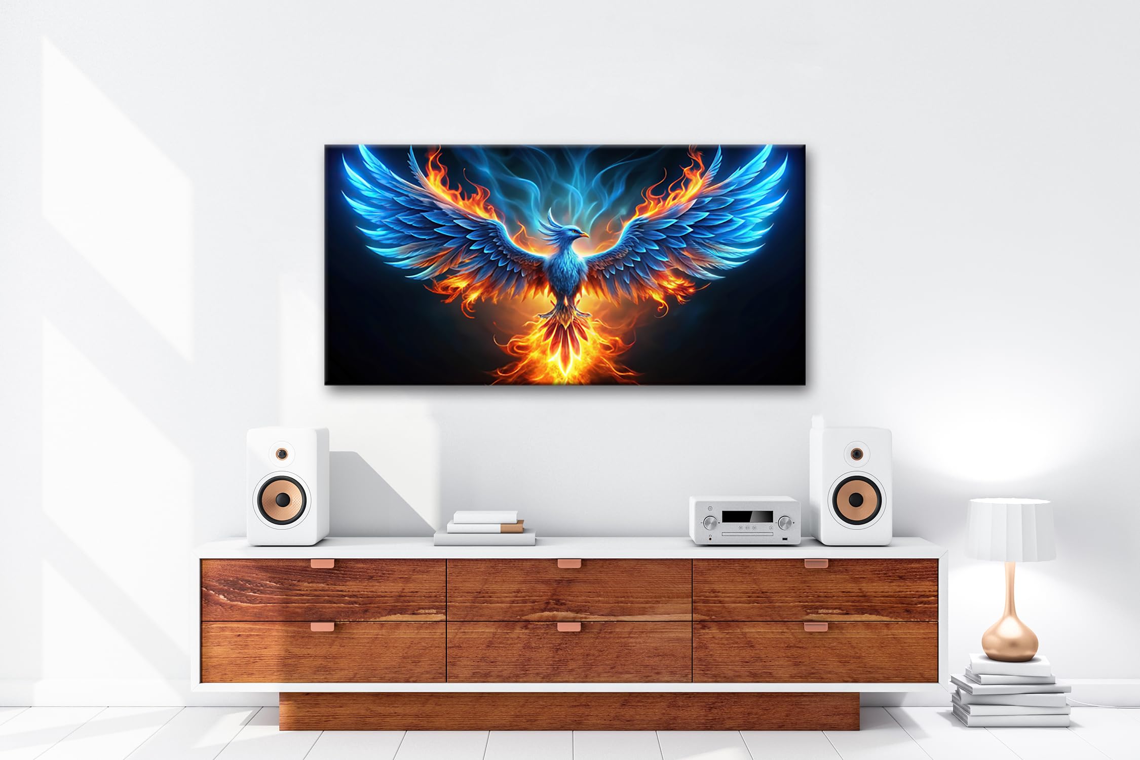 Leinwandbild Ein Phönix erhebt sich in Flammen aus Licht und Macht Panorama 120x60cm XXL Kunstdruck Bild auf Keilrahmen/Wandbild/Wohnzimmer Dekoration