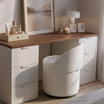 Modern Boucle Ottoman with Storage, Upholstered Round Foot Stool Swivel Vanity Chair with Foldable Back, Comfy Makeup Stool for Bedroom, Living Room, Small Spaces, White