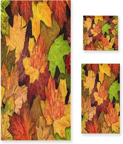 Juego de 3 toallas de baño de hojas de otoño, toallas de hojas naranjas de otoño y otoño, 1 toalla de baño, 1 toalla de mano, juego de 3 toallas de