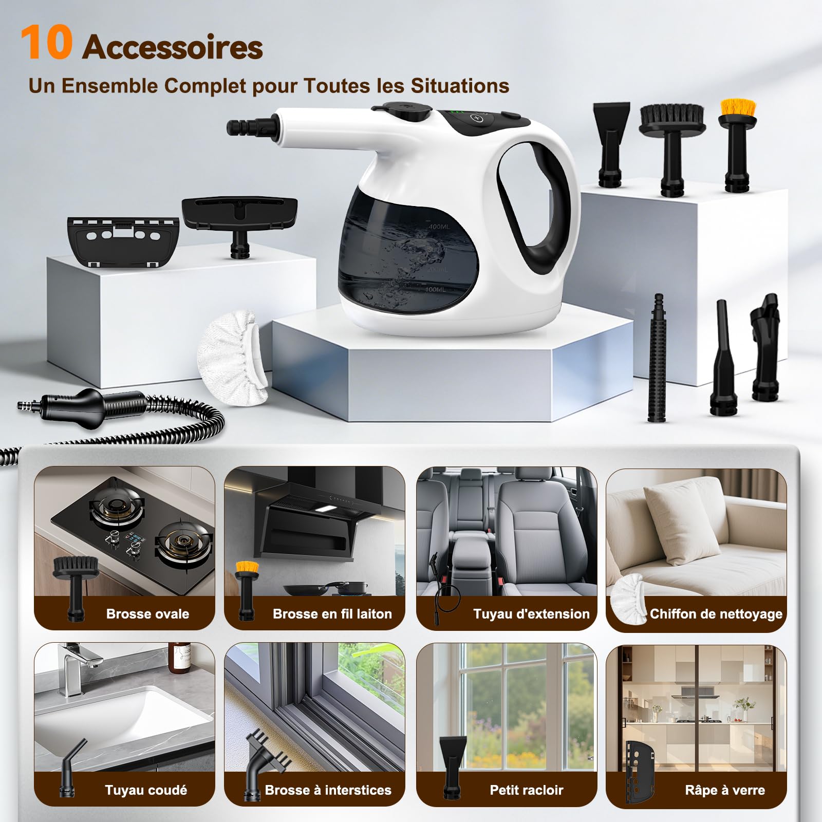 Nettoyeur Vapeur à Main 5S Chauffe Rapide, Steam Cleaner Poids Optimisé (Seulement 0.92 kg), 400ML Réservoir Transparent (Remplissage Facile),avec 10 Accessoires