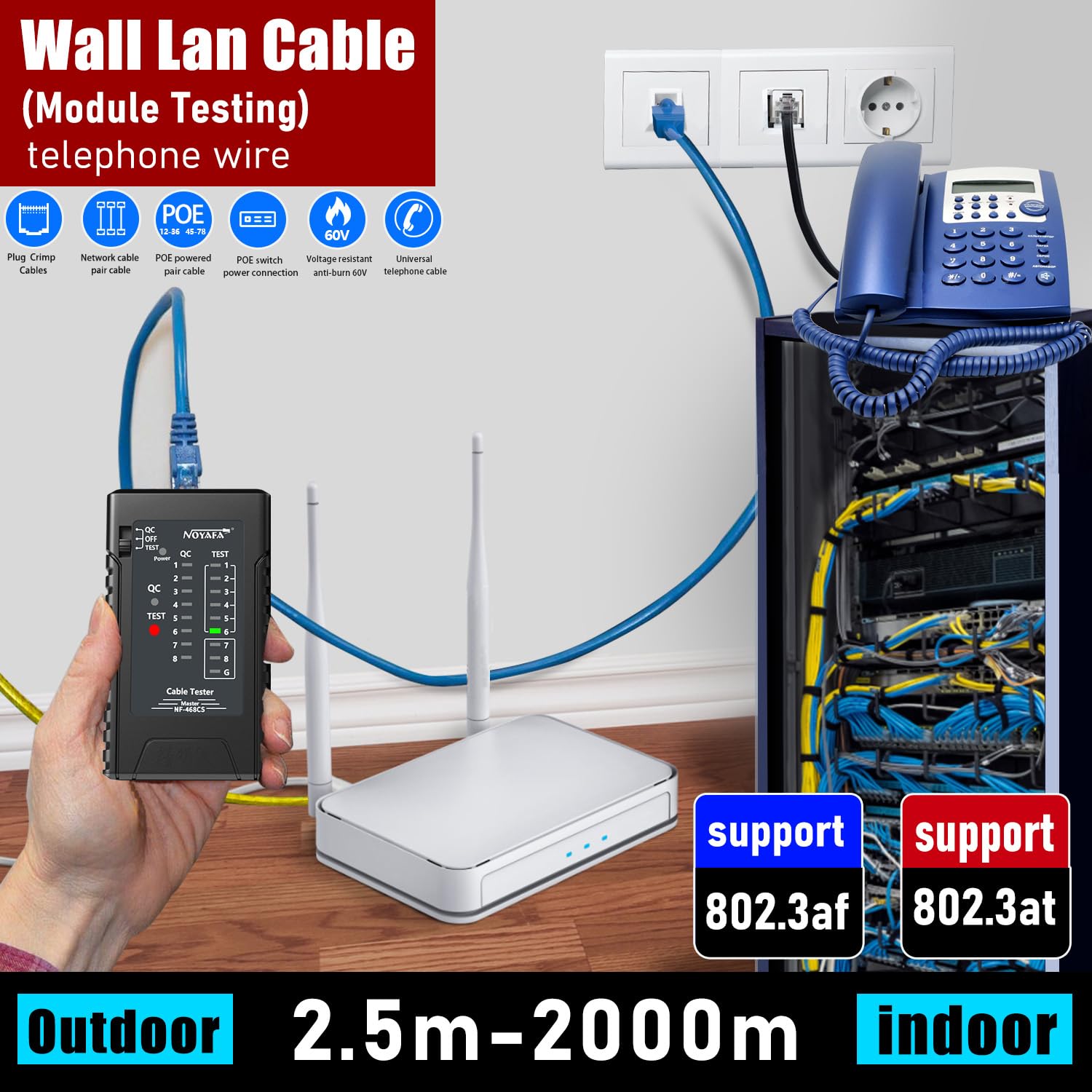NF-468CS Testeur de câble réseau Ethernet pour câbles RJ45 RJ11 RJ12 POE/Cat5 Cat5e Cat6 Cat6a Cat7 UTP/Shield Câbles LAN Outil de test de câble de vérification de connexion LAN (qualité