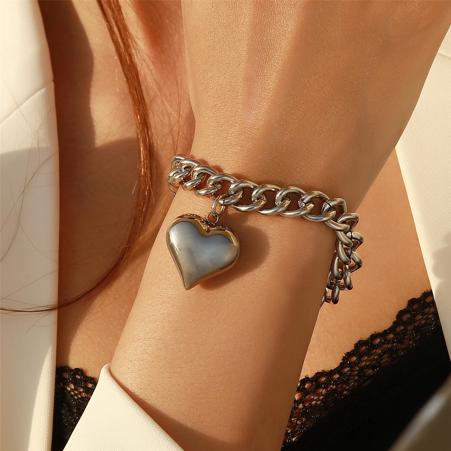 Stainless Steel Statement Chunky Big Puffy Heart Charms Bracelet for Women Thick Statement Chain Link Bracelets for Lover