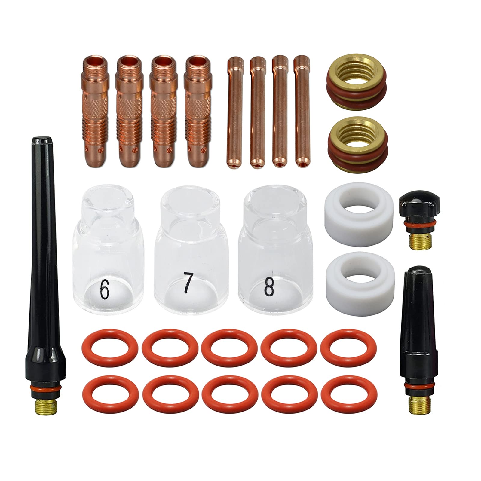 RIVERWELD TIG Collet Bodies 10N Series 1.0 1.6 2.4 3.2mm Quartz Nozzle Clear Glass Cups 54N16 6# 9.5mm, 54N15 7# 11.0mm, 54N14 8# 12.5mm Adapter 54NQA Kit WP SR 17 18 26 TIG Welding Torch 28pcs — image 1