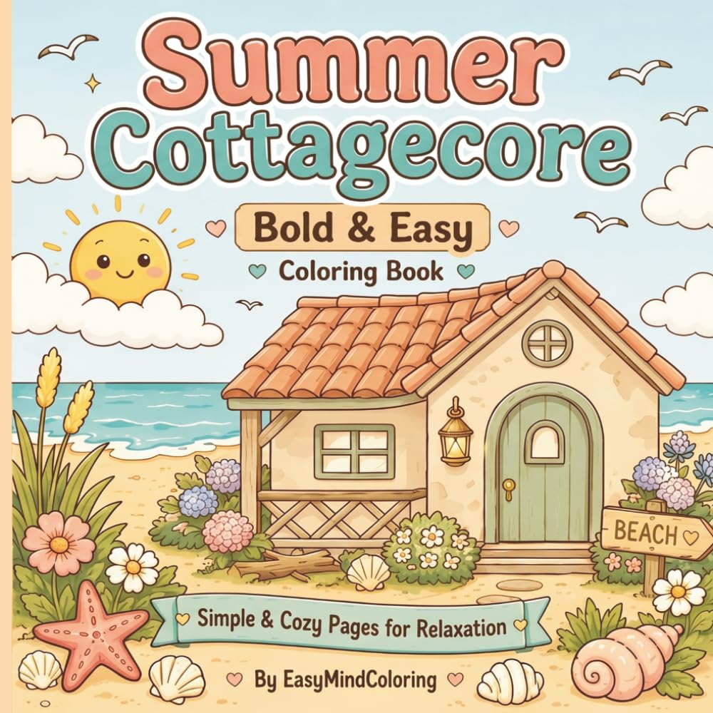 Summer Cottagecore Coloring Book: Simple Beach & Garden Scenes for Relaxation: - Sunny Days, Ocean Breezes & Summer Fun (Volume 3) (Bold & Easy Cottagecore Coloring)