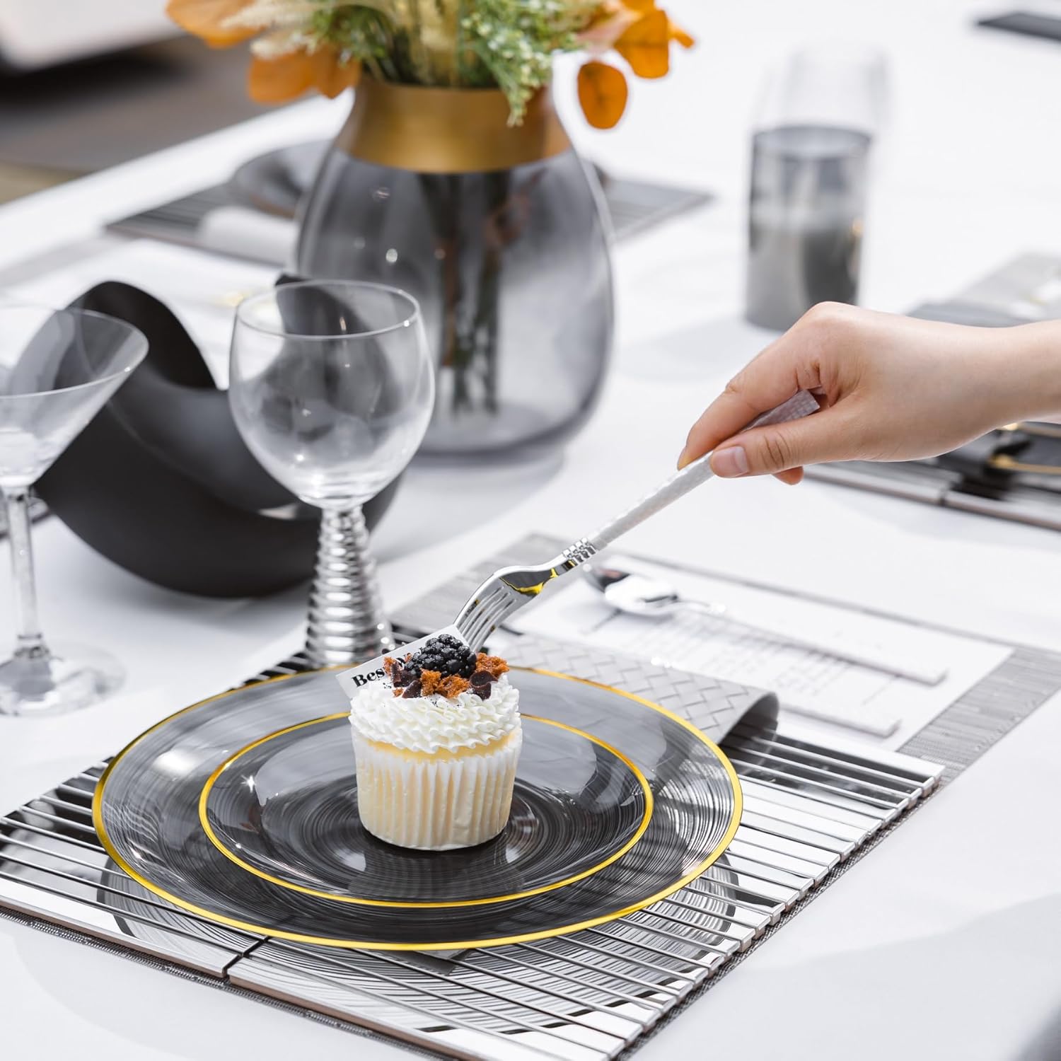 N9R 60PCS Black Plastic Plates with Gold Rim, Elegant Disposable Plates, Circular Ribbed Design, 30 Dinner & 30 Dessert Plate for Parties, Weddings, Halloween, Banquets and Events (Translucent Black) - Image 7