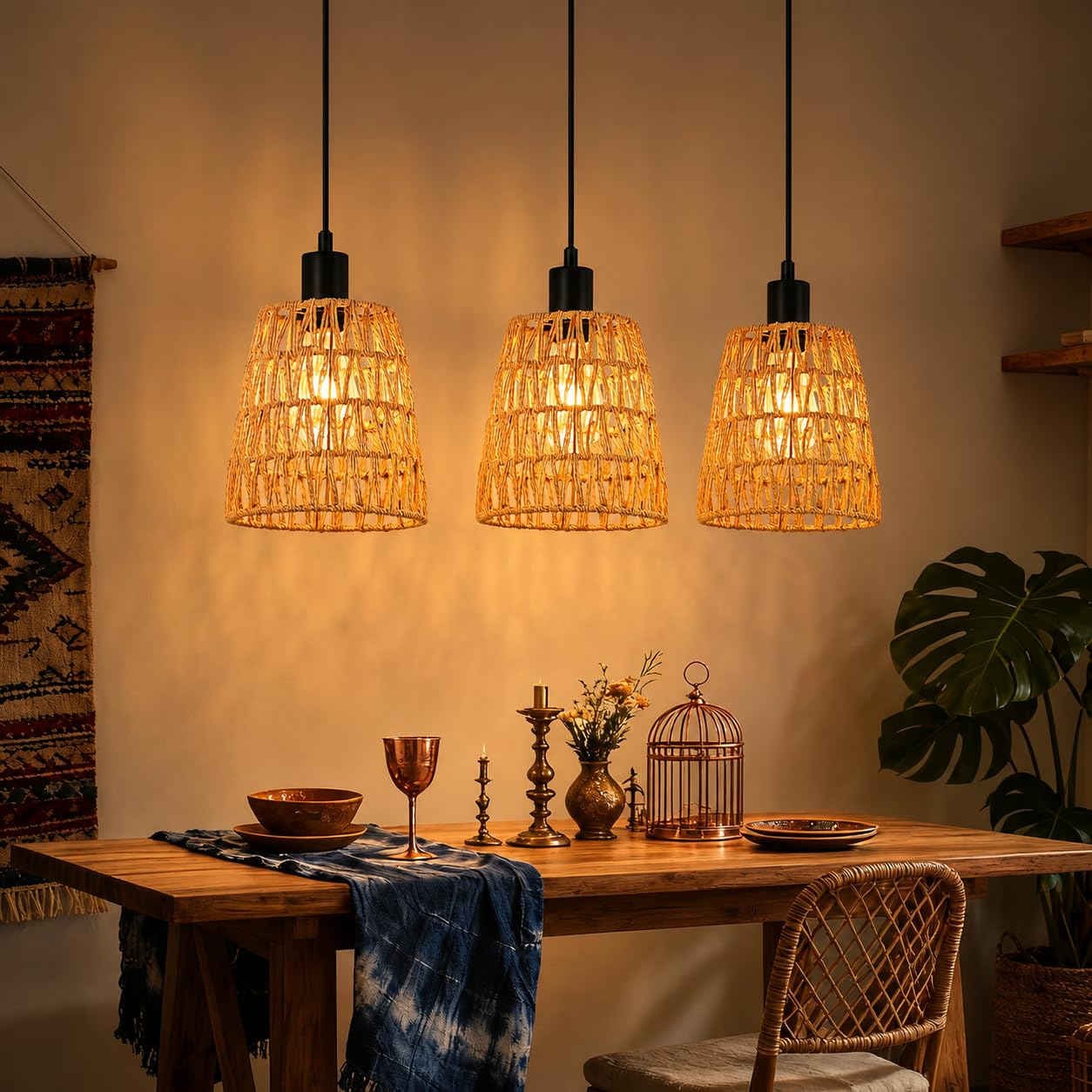 Hängelampe Boho Pendelleuchte Rattan - 3 Flammig Esstischlampe | Vintage Geflochten Hängeleuchte Esstisch Papierseil Lampenschirm mit E27 Retro für Esszimmer Schlafzimmer/Ohne Leuchtmittel