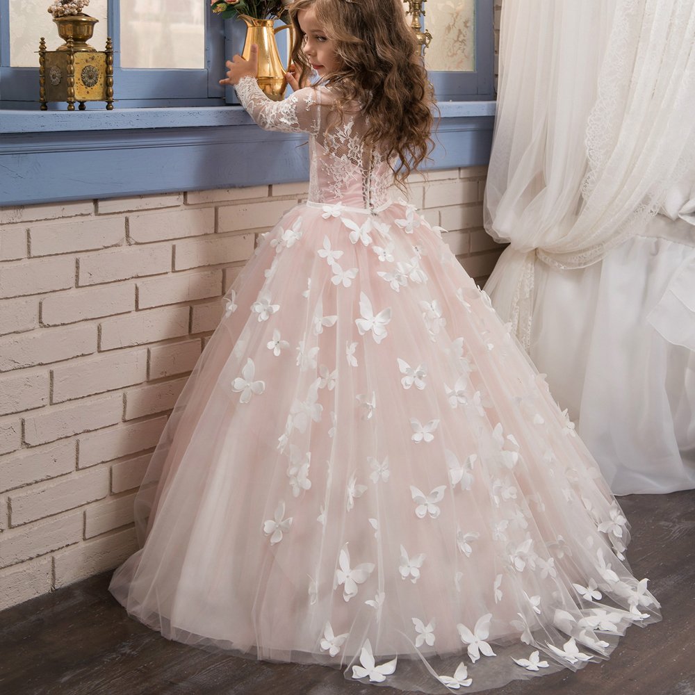 Aibaowedding Mädchen Prinzessinnenkleid Langarm Spitzenkleid Tüllrock | Langarm Festkleid mit Spitzenoberteil, üppigem Tüllrock und 3D-Schmetterlingen. Geeignet als Kommunion, Blumenmädchen
