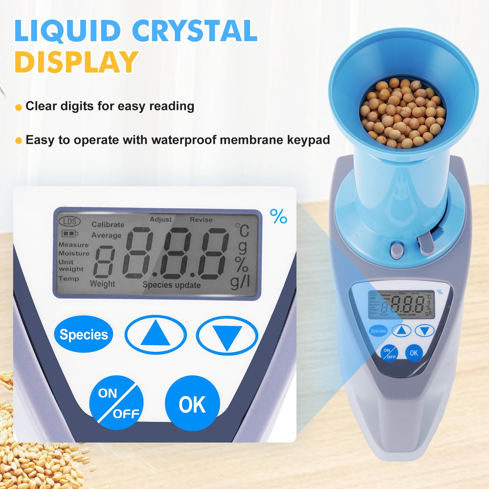 YJINGRUI Medidor Humedad Cereales Digital Analizador de Humedad de Grano Portátil LDS-1G Rango de Humedad 3~35% Alta Precisión para Colza Arroz Trigo Soja Maíz Algodón