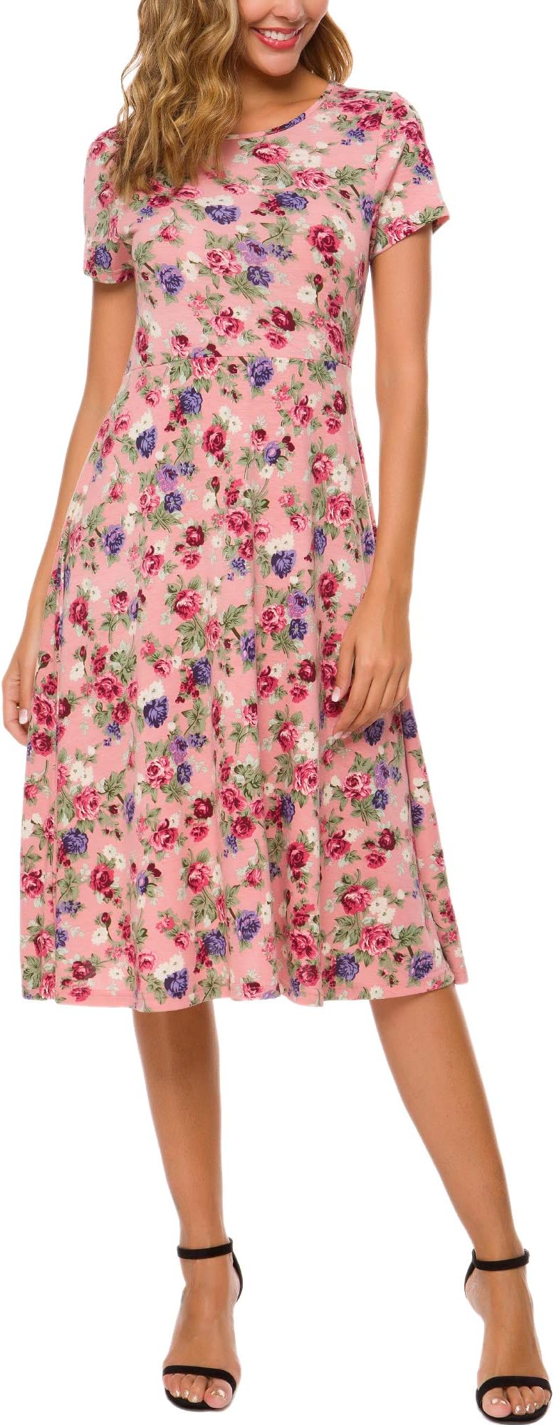 EXCHICWomen's Summer Elegant Floral Midi Dress Casual High Waist A Line Knee Long Dress