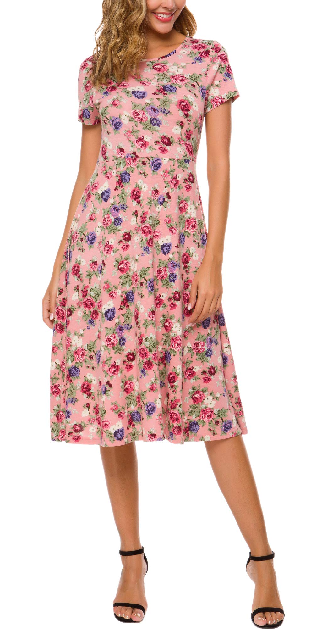 EXCHICWomen's Summer Elegant Floral Midi Dress Casual High Waist A Line Knee Long Dress