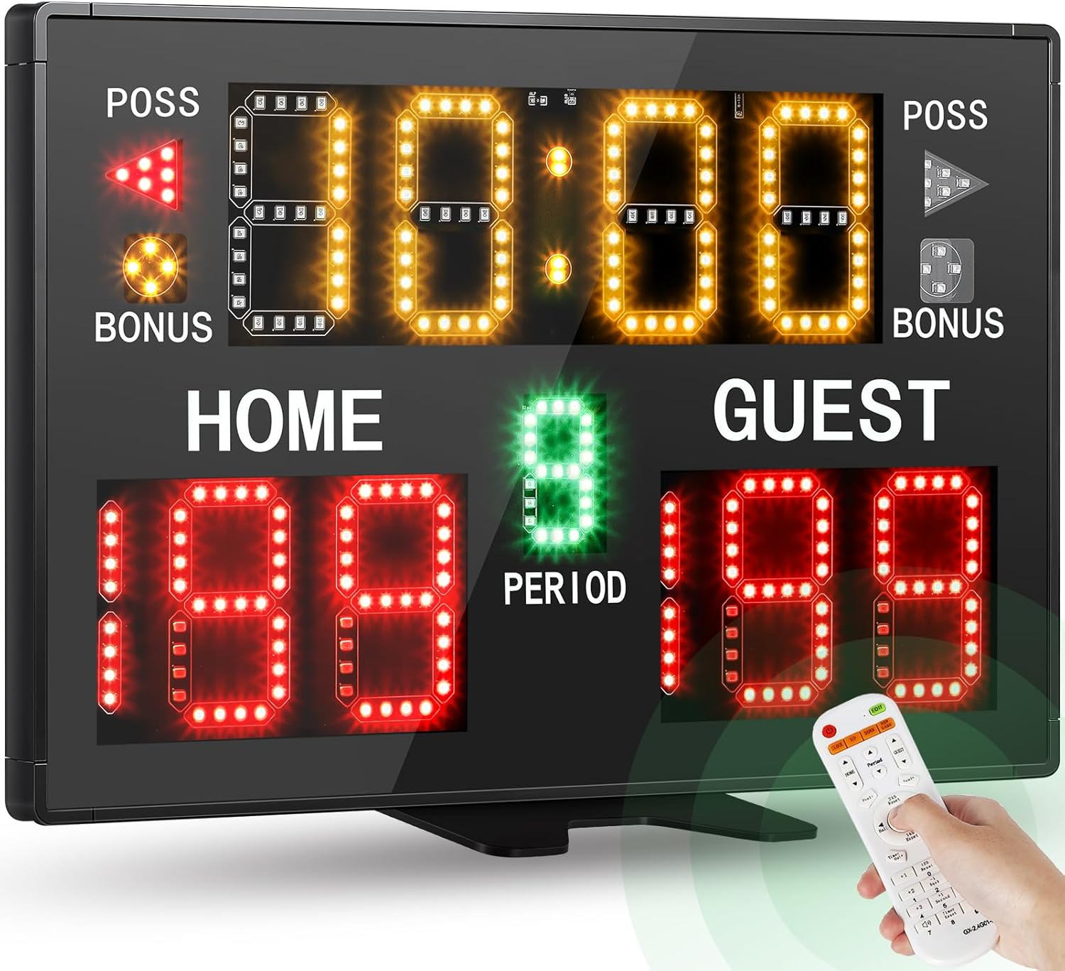 Front view of the Spolehli Digital Scoreboard displaying scores, timer, and period.