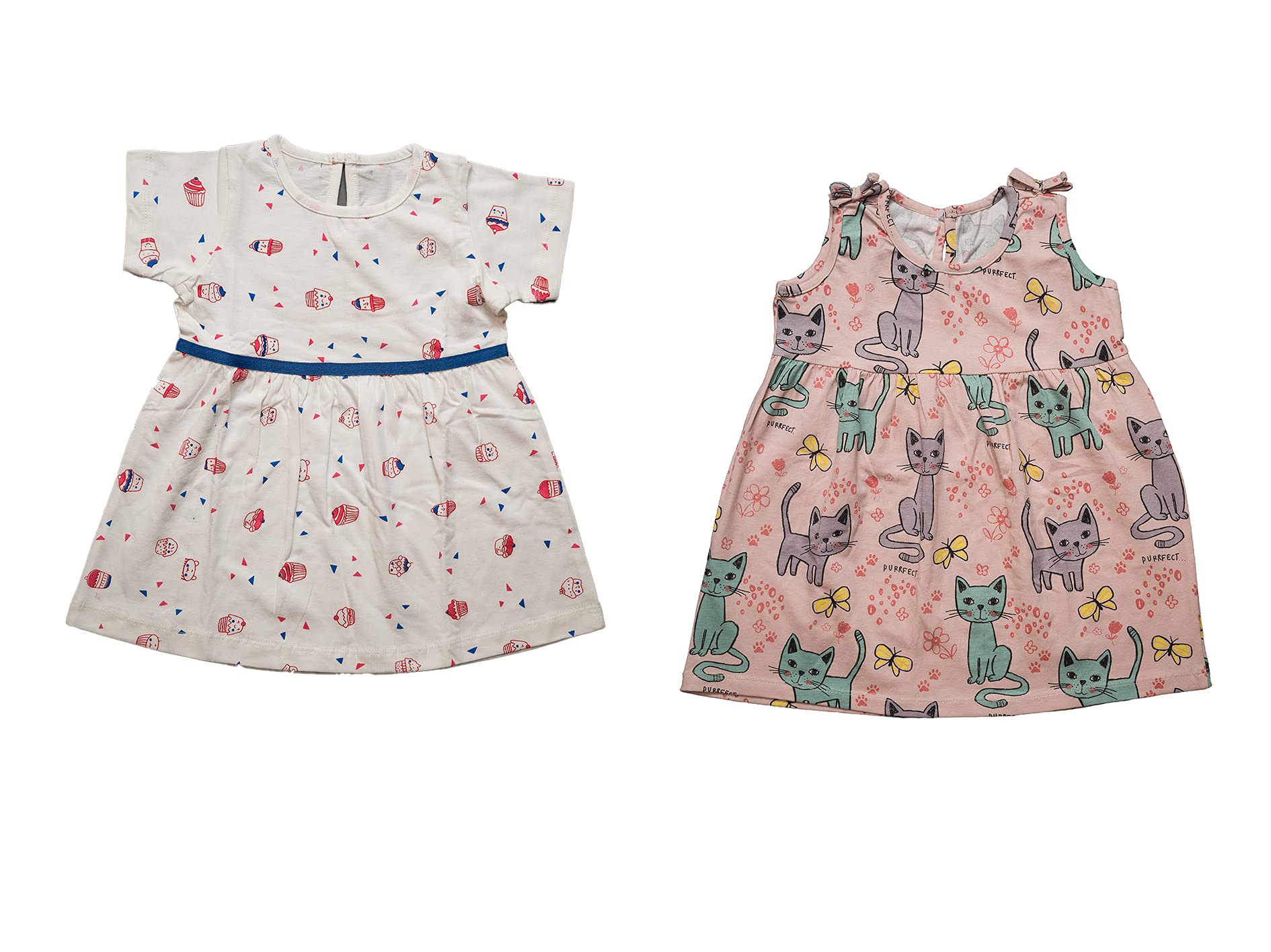 Toddler Tales Baby Girls Fit & Flare Cotton Cuppy Cake & Kitty Cuddles Midi Sleeveless Dress (Combo of 2) (White & Pink) (Tt159_Tt183_P)
