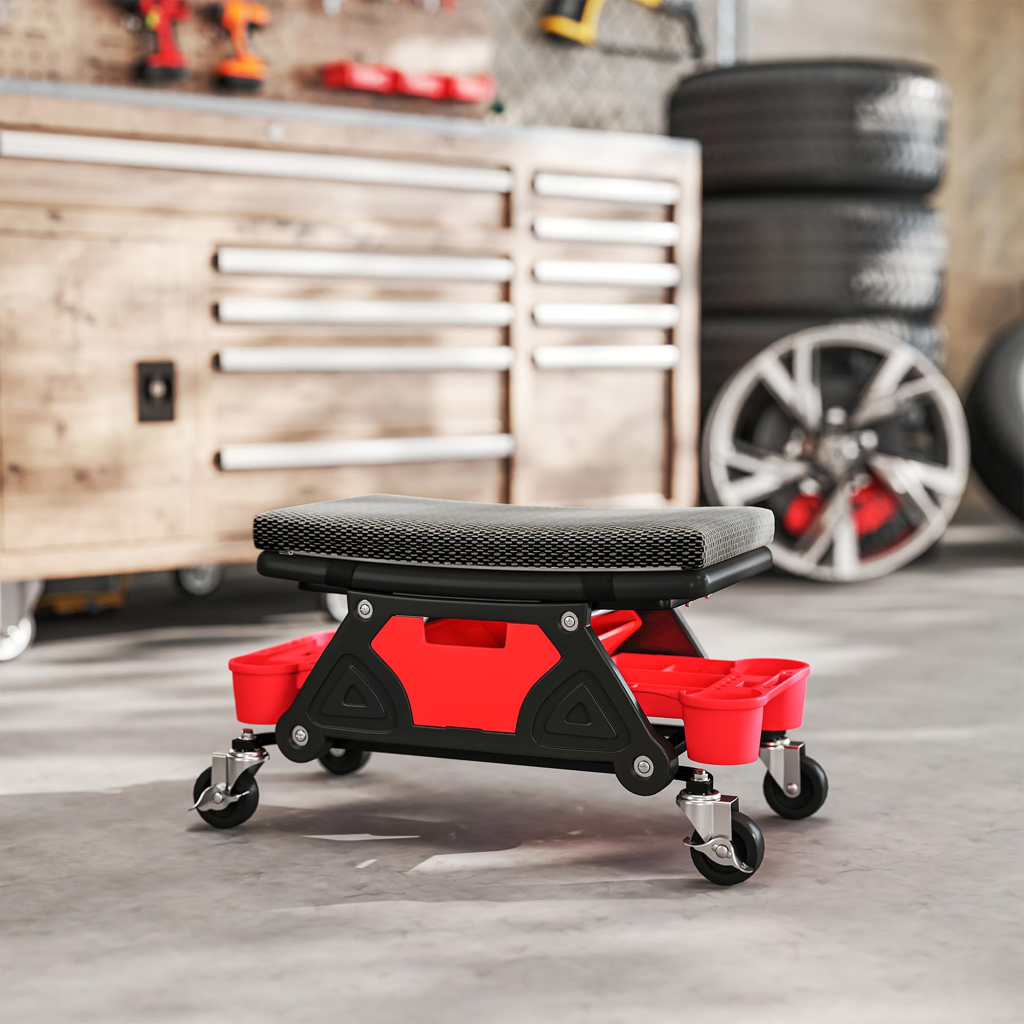 HOMCOM Sgabello mobile per officina, carico massimo 135 kg, sgabello da meccanico con rotelle, girevole a 360° con vassoi portautensili scorrevoli e cassetto, sedile girevole per officina di