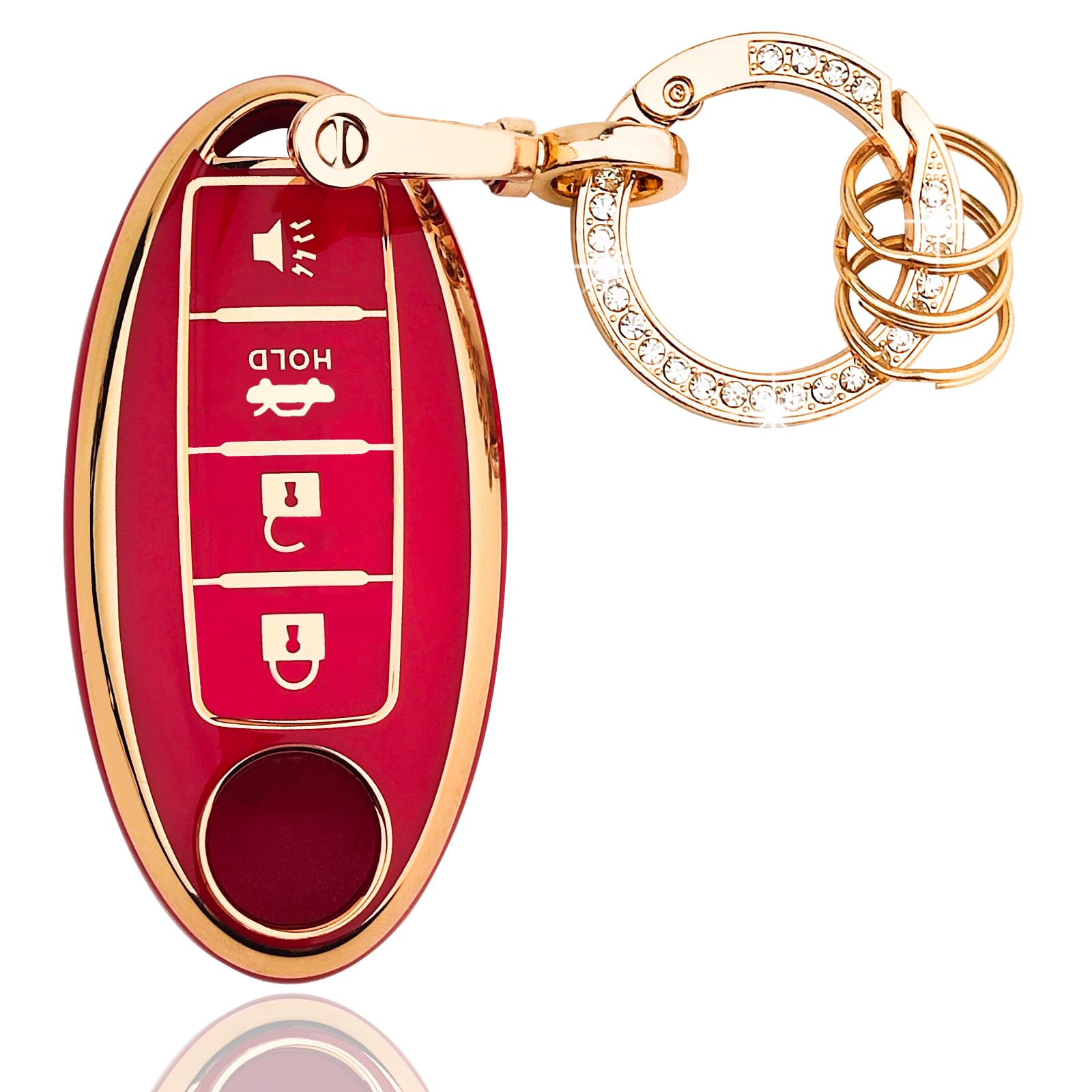 Sparkly Key Fob Cover With Cherry Keychain, Bling TPU Smart Key Case For Women Compatible With Nissan Pathfinder Rogue Kicks 2023 2024 (5 Button Gold Red) I.1664959879 - View #7