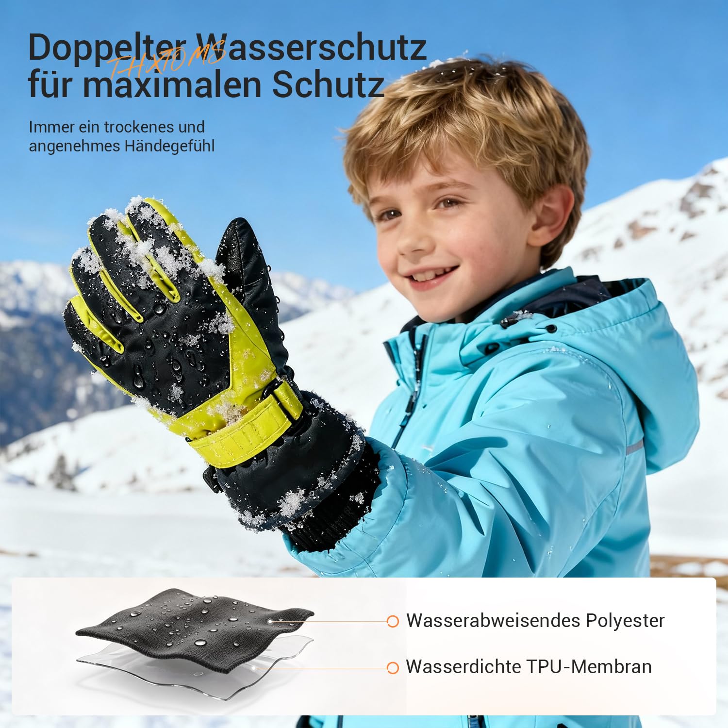 ThxToms Guanti da Sci Per Bambini Invernali, -15 °C Antivento Impermeabili Caldi Freddi, Sport All'aria Aperta, Snowboard, Ciclismo, Ragazzi e Ragazze 4-13 Anni