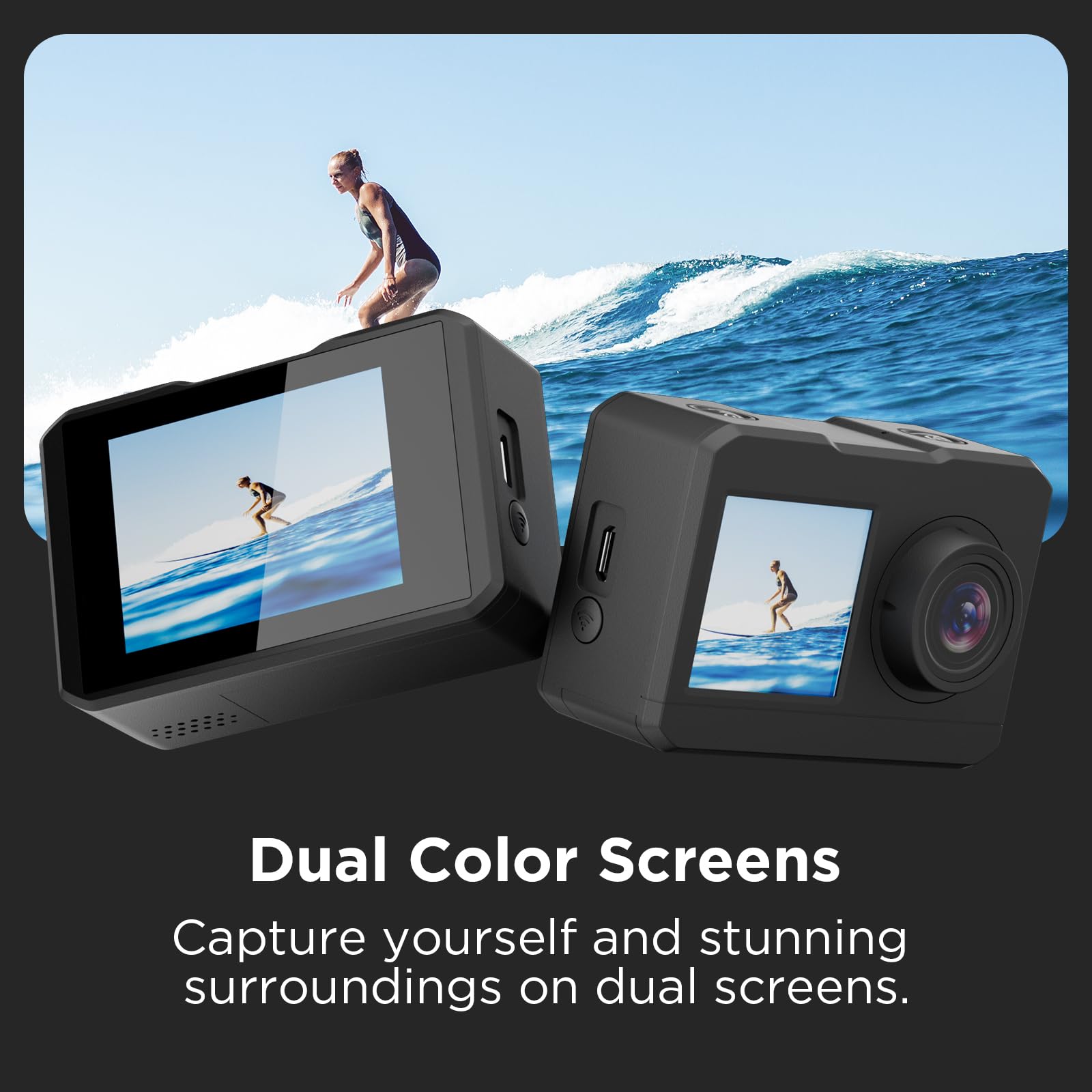 PEGY 4K 30FPS 12MP Action Kamera Dual Screen mit Stabilisierung 2.0, Unterwasser 30m wasserdichte Kamera 170 Grad Weitwinkel und WiFi Sportkameras mit Zubehör-Kits