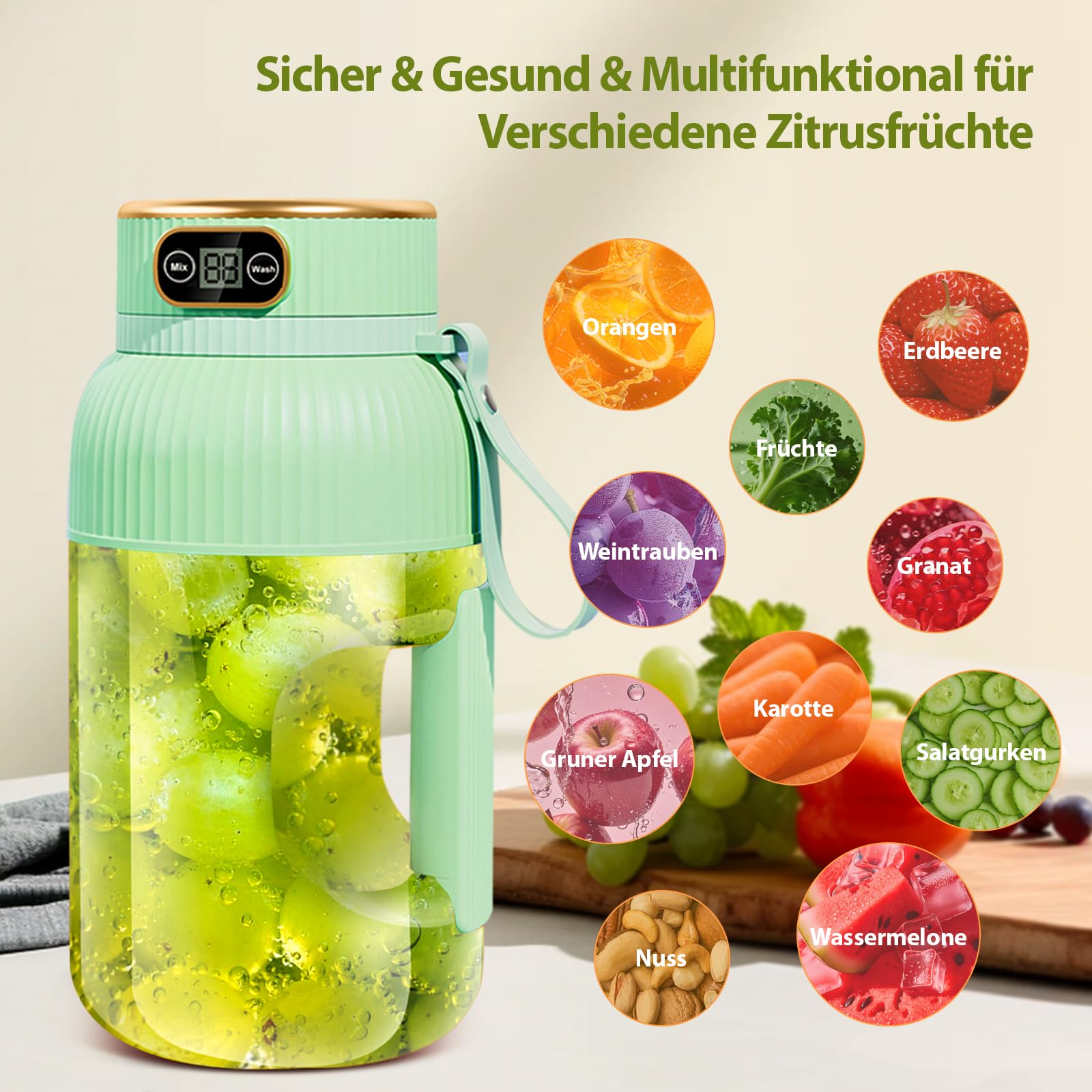 【Amélioré】Presse-agrumes électrique Rechargeable Fine Life Pro, Nouveau Grand Presse-agrumes électrique de 1,2 L Pour légumes et Fruits, (Vert - Extracteur de jus simple)