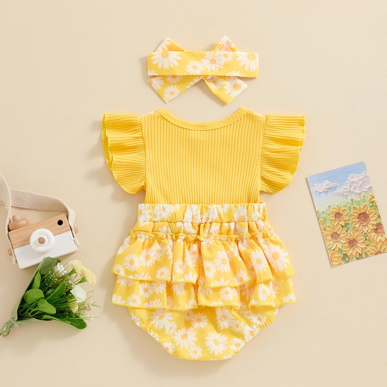 Newborn Baby Girl Outfit Fly Sleeve Floral Romper Dress Headband Infant Cute Summer Clothes Set - Image 7