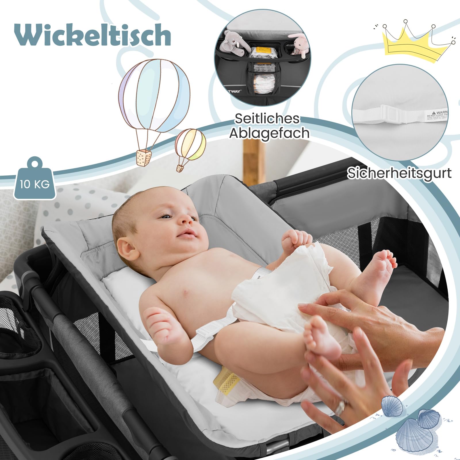 DREAMADE 5 in 1 Babybett, Reisebett Baby mit Matratze, verstellbarem Baldachin, Wickeltisch & Laufstall, Platzsparendes Beistellbett mit Tragetasche für Baby 0-36 Monaten (Grau)