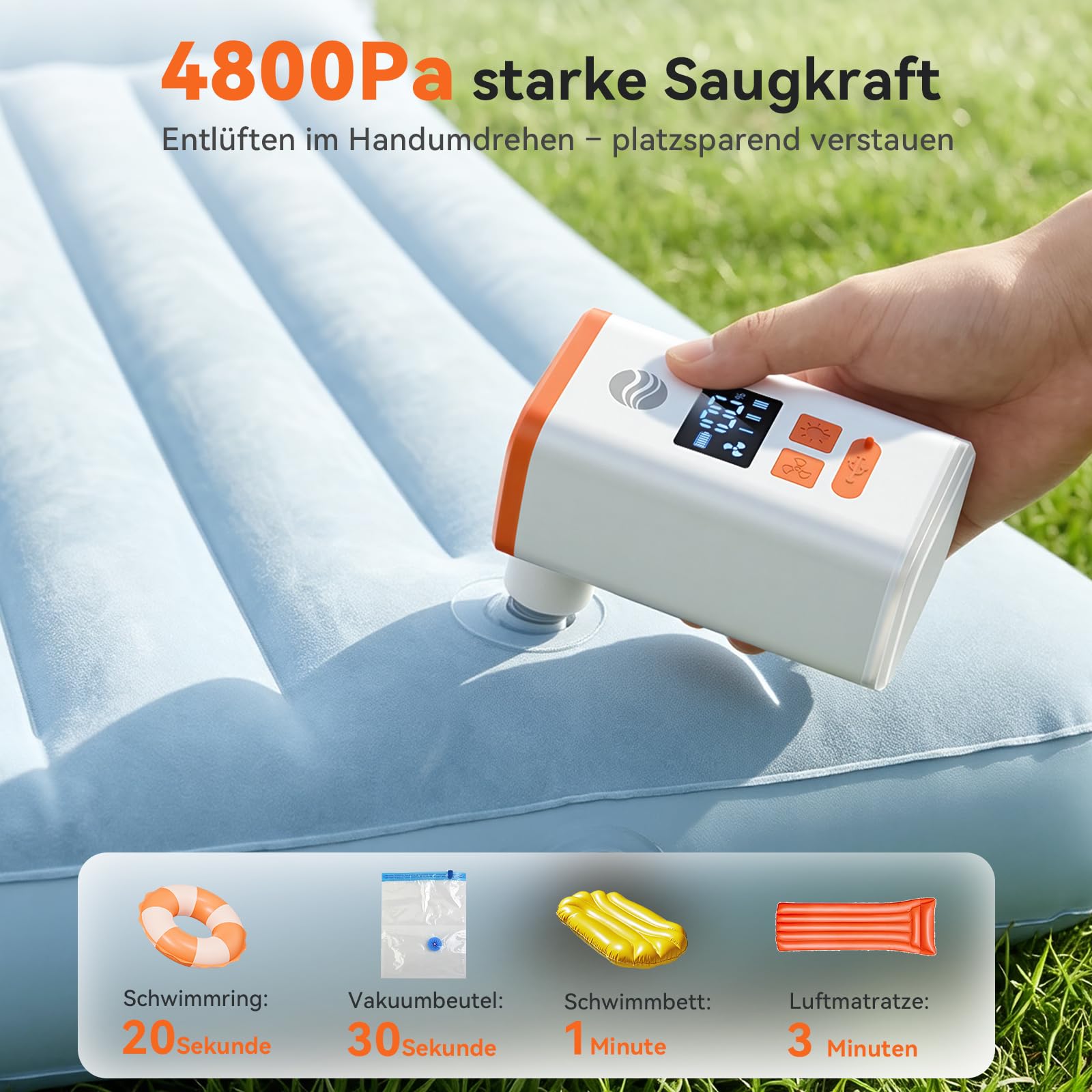 Elektrische Luftpumpe Für Luftmatratze, 4.8 kPa Wiederaufladbare Luftpumpe Luftmatratze & Campinglampe & 6 Düsen, 5000mAh Akku Luftpumpe Tragbar Mini Für Camping, Schwimmring, Luftkissen, Vakuumbeutel
