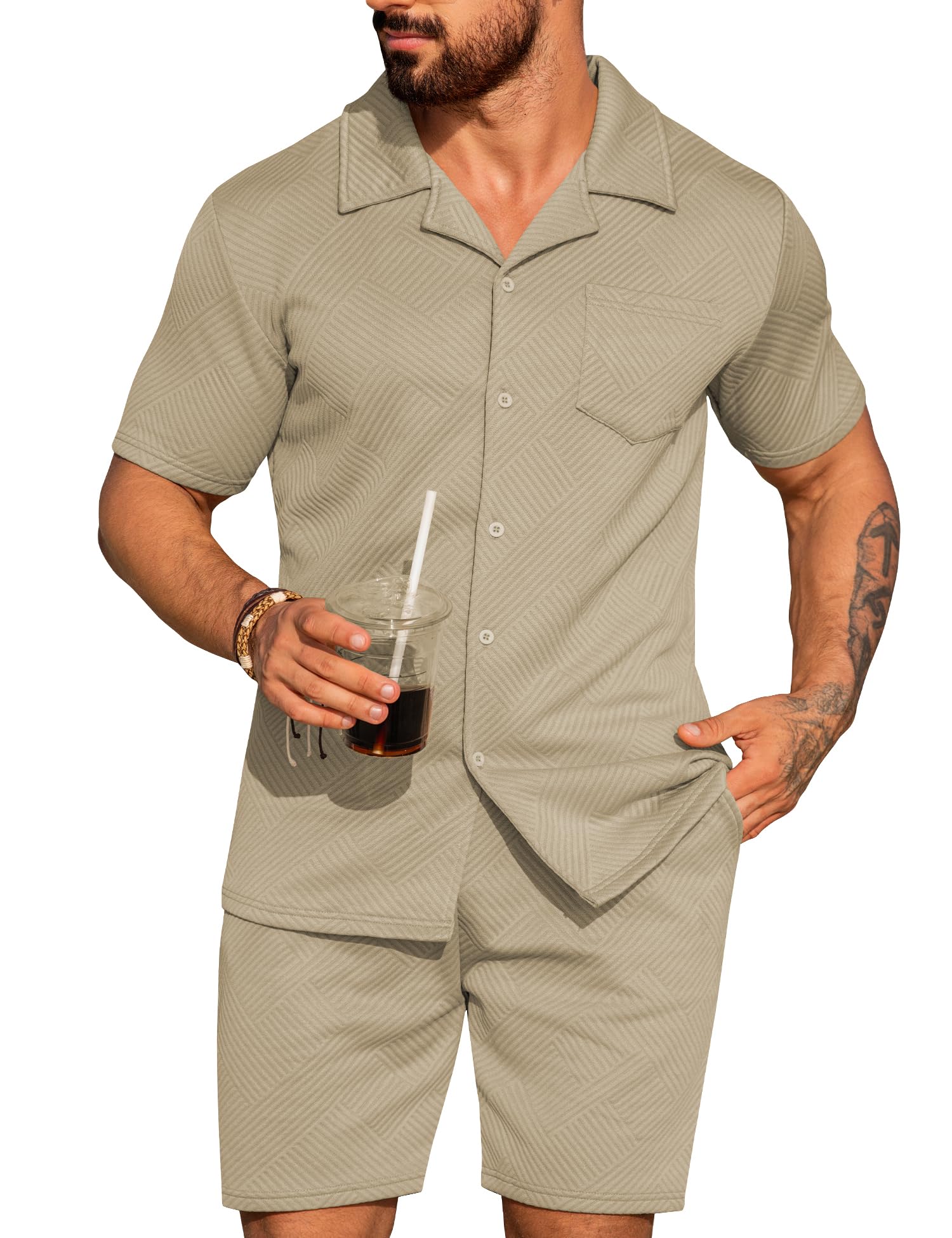 URRU Mens 2 Piece Outfits Summer Casual Texture Beach Short Sleeve Button Down Shirts and Shorts Set with Pocket