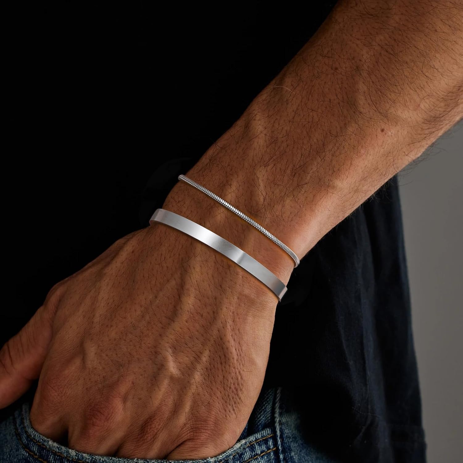 Moodear Stackable Bracelets for Men - Dainty 925 Sterling Silver/14K Gold Plated Cuff Snake Box Cuban Link Chain Bangle Bracelet Set Mens Jewelry - Image 3