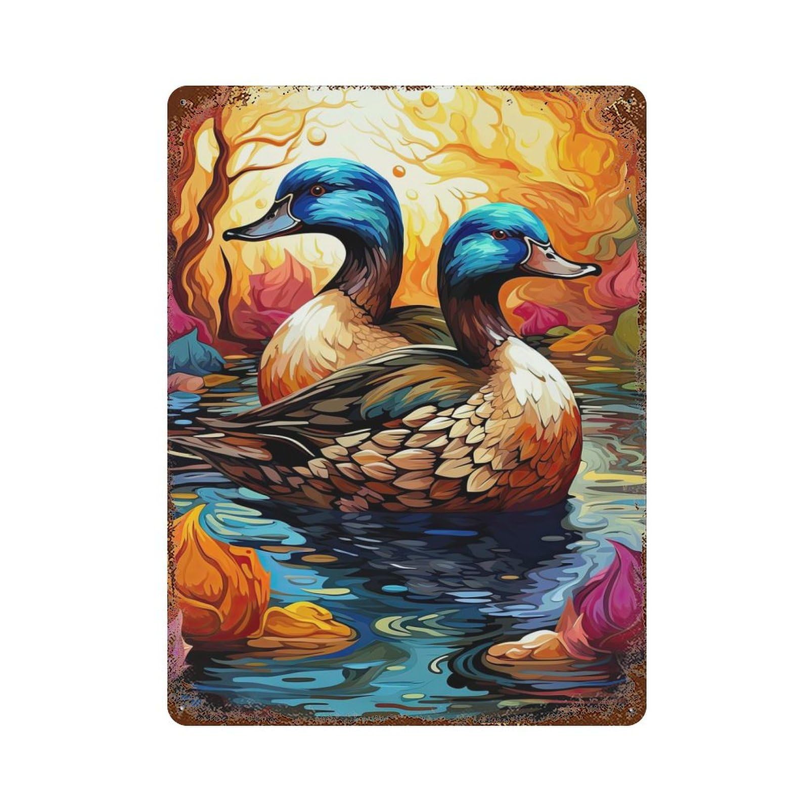 Peaceful Ducks Vintage Wall Sign 15.7"x11.8", Rust Effect Metal Decor for Living Room, Hallway And Home Decor