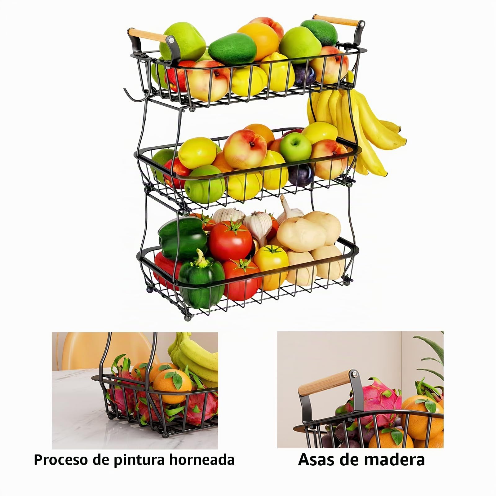 Fruteros de Cocina de 3 Niveles, Cesta de Frutas de 2 Niveles, Soporte de Almacenamiento de Aperitivos, Soporte de Alambre de Metal para Frutas, Verduras y Pan, para Encimera de Cocina (A)