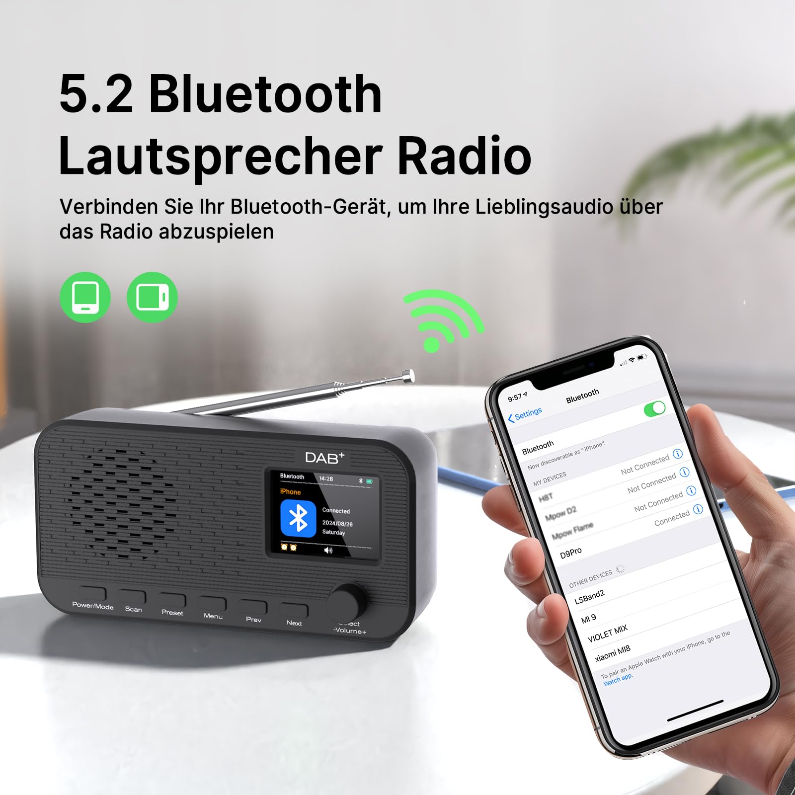 DAB Radio mit Bluetooth, wiederaufladbares UKW-Digitalradio, Radios batteriebetrieben, tragbares DAB+ Radio, Küchenradio mit 80 Voreinstellungen, 2,4-Zoll-Farbdisplay, Dual-Wecker, Sleeptimer