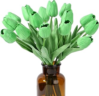 SITUMEIZI 15pcs Green Tulips Fake Artificial Flowers Real Touch 14" Silk Flower for Home Decor Easter Spring Wedding Bouquet Decorations Mother's Gift Day Floral Arrangements