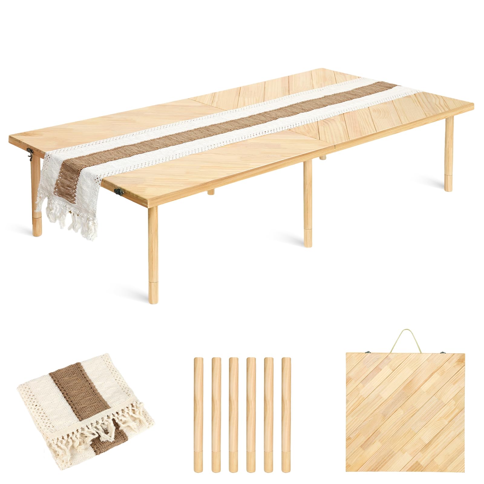 Photo 1 of Milostelom Folding Picnic Table 44x22in, Solid Wood Portable Low Floor Table, Adjustable Height, Mortise & Tenon Joints, Boho Picnic Table for Beach Camping, Runner Included, Seats 2-4